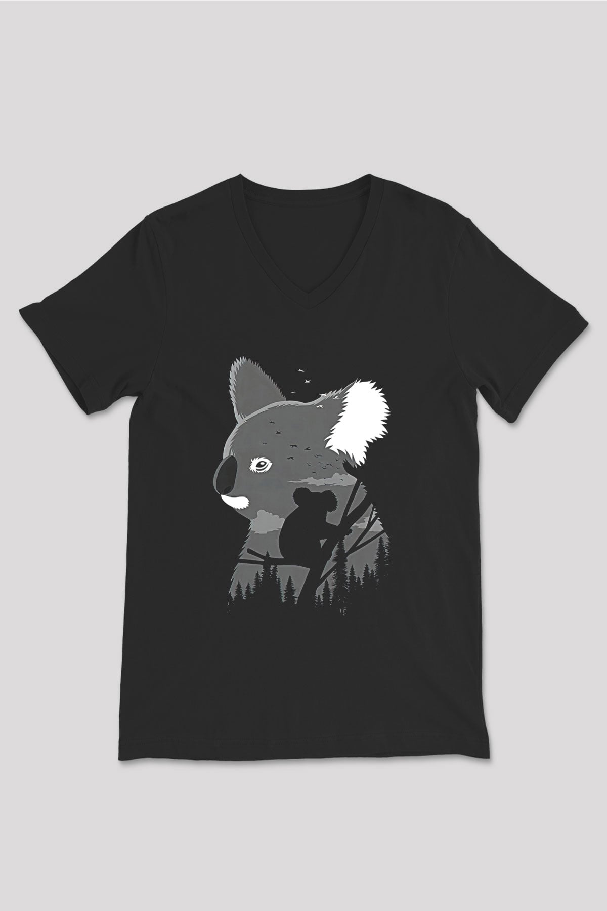 Koala Baskılı Unisex Siyah V Yaka Tişört - Tshirt