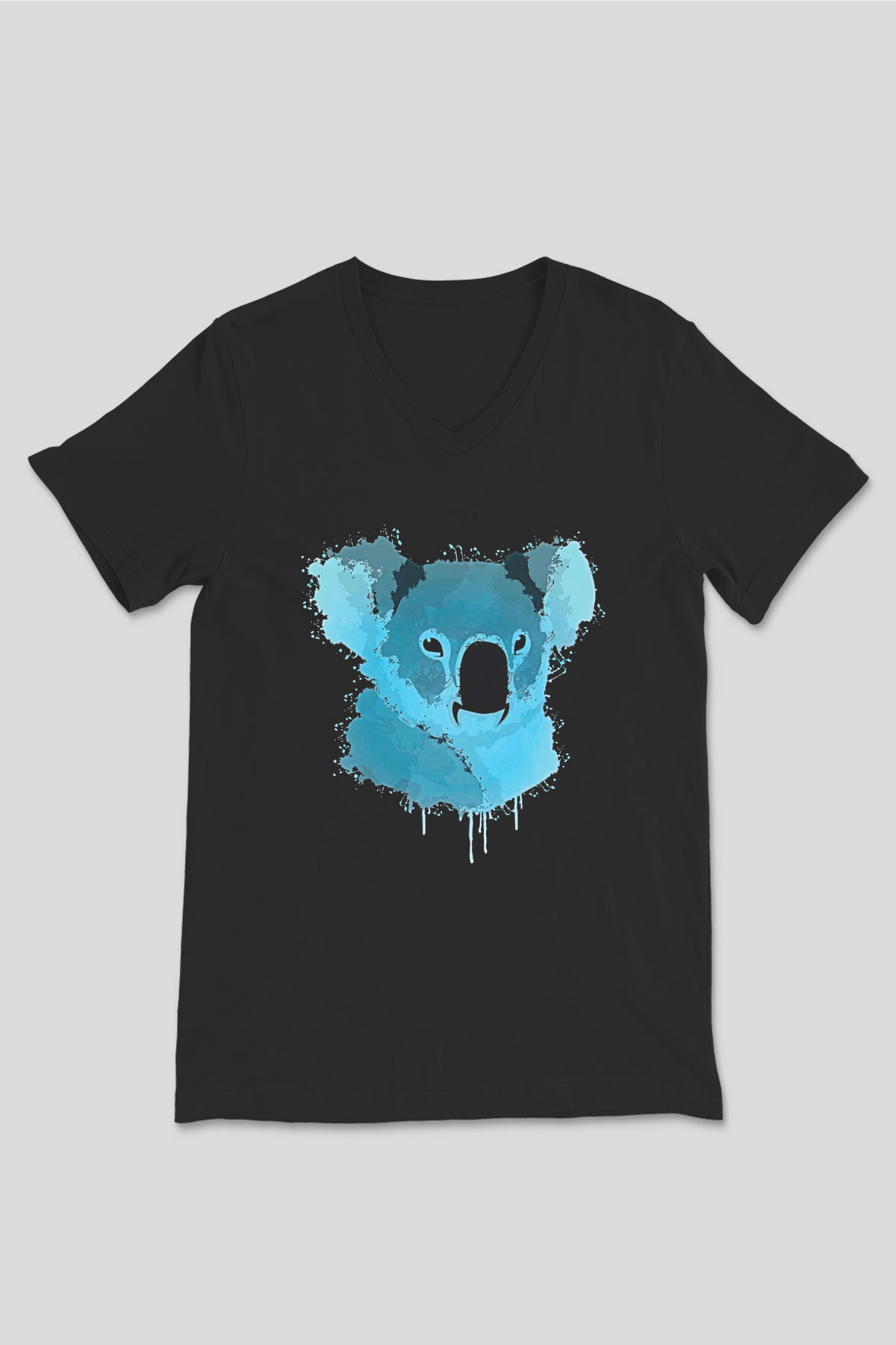 Koala Baskılı Unisex Siyah V Yaka Tişört - Tshirt