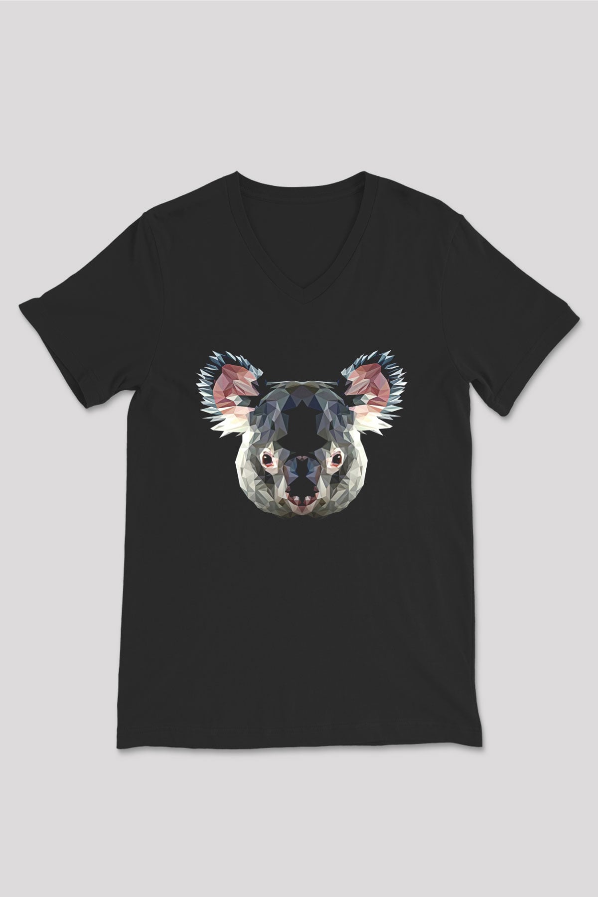 Koala Baskılı Unisex Siyah V Yaka Tişört - Tshirt