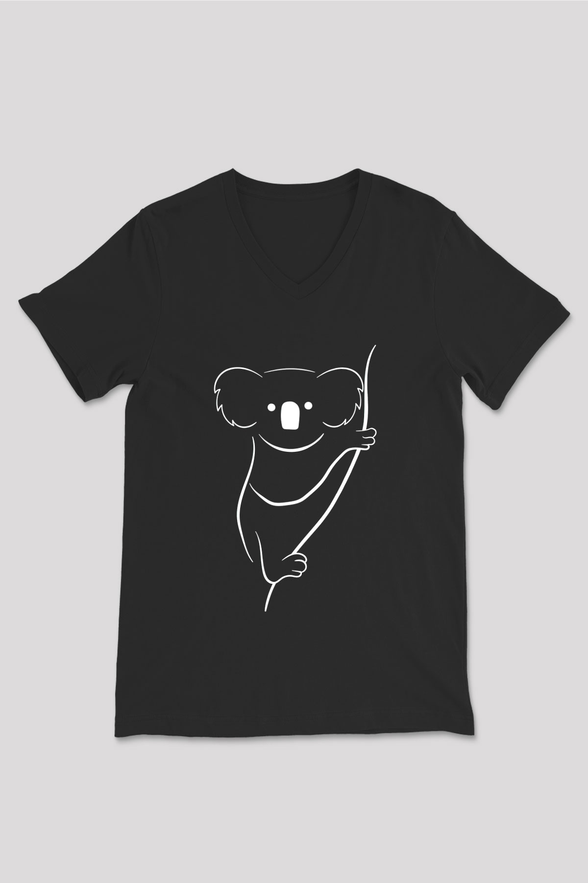 Koala Baskılı Unisex Siyah V Yaka Tişört - Tshirt