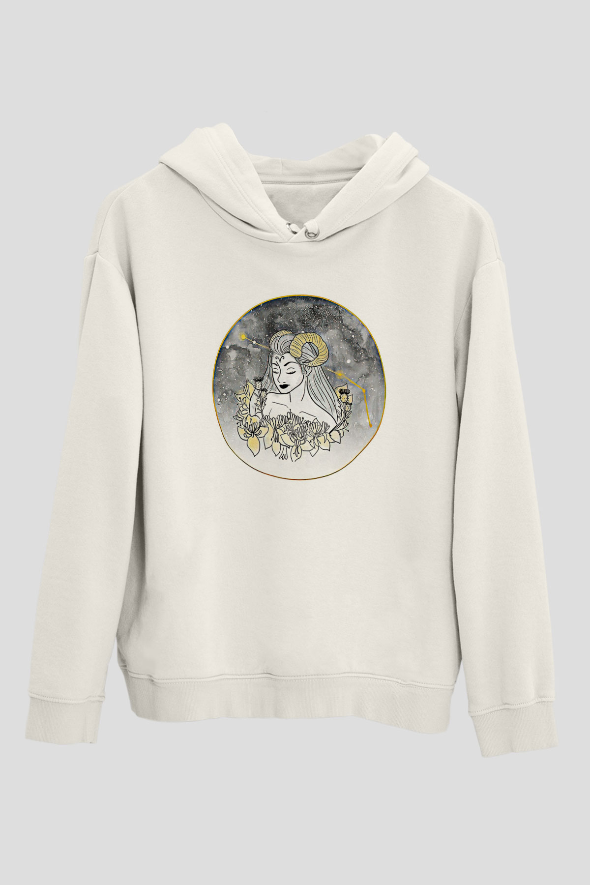 Koç Burcu Baskılı Beyaz Unisex Hoodie
