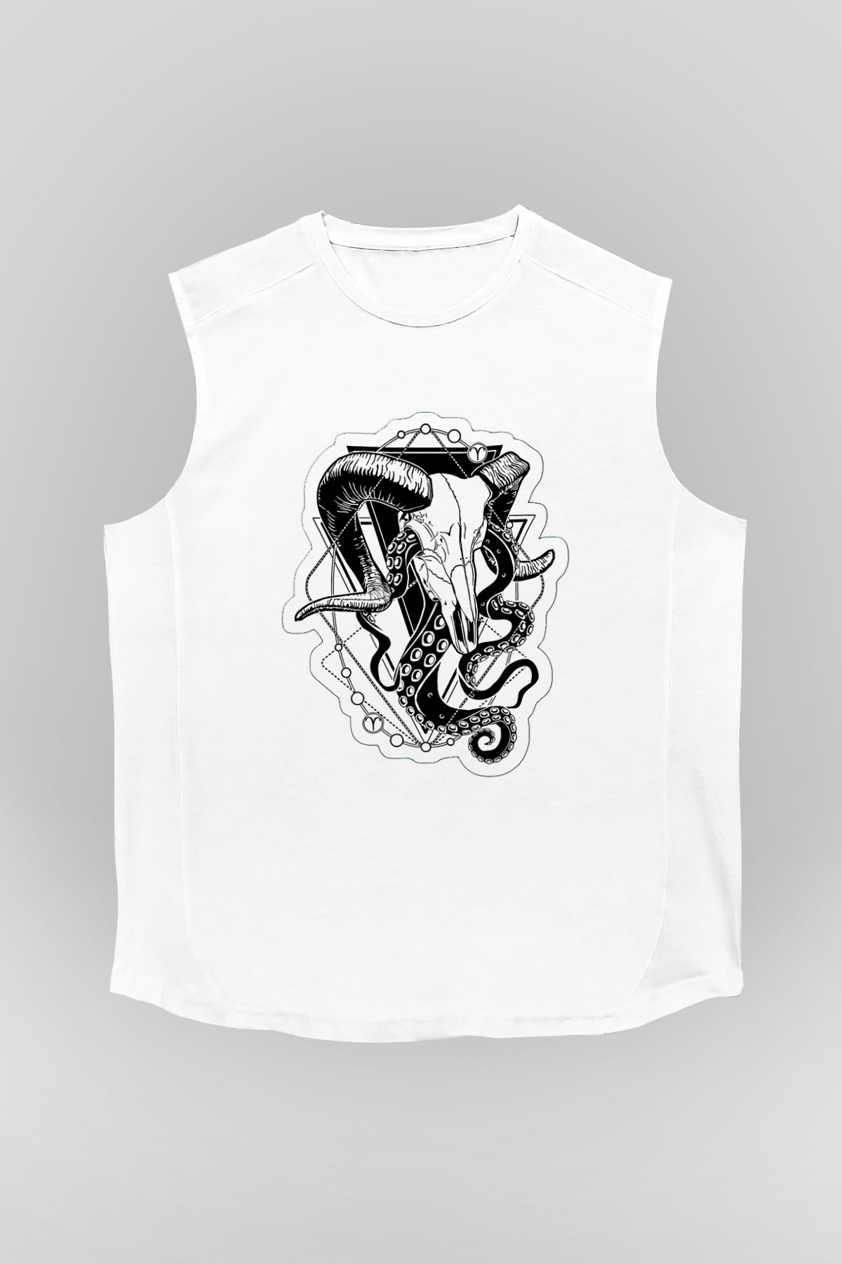 Koç Burcu Baskılı Beyaz Unisex Kolsuz Tişört - Tshirt