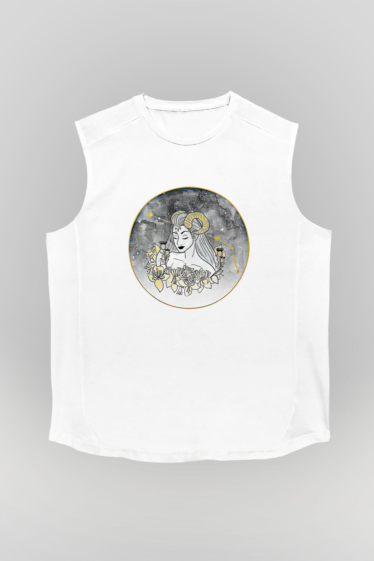 Koç Burcu Baskılı Beyaz Unisex Kolsuz Tişört - Tshirt