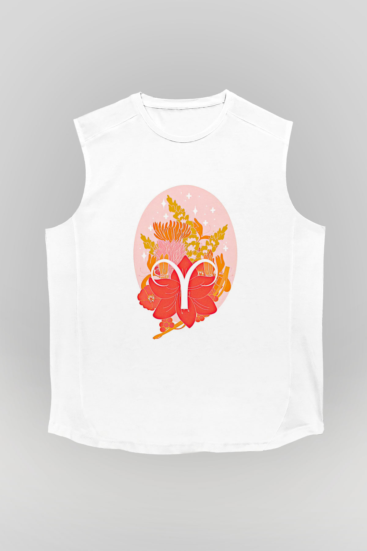 Koç Burcu Baskılı Beyaz Unisex Kolsuz Tişört - Tshirt