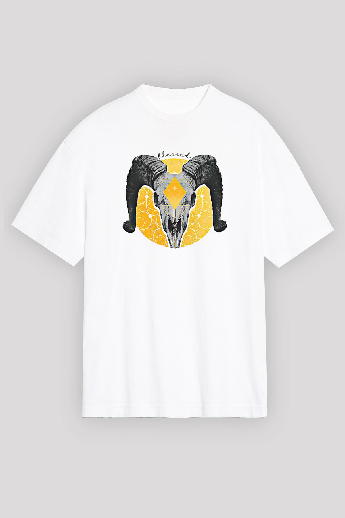 Koç Burcu Baskılı Beyaz Unisex Oversize Tişört - Tshirt