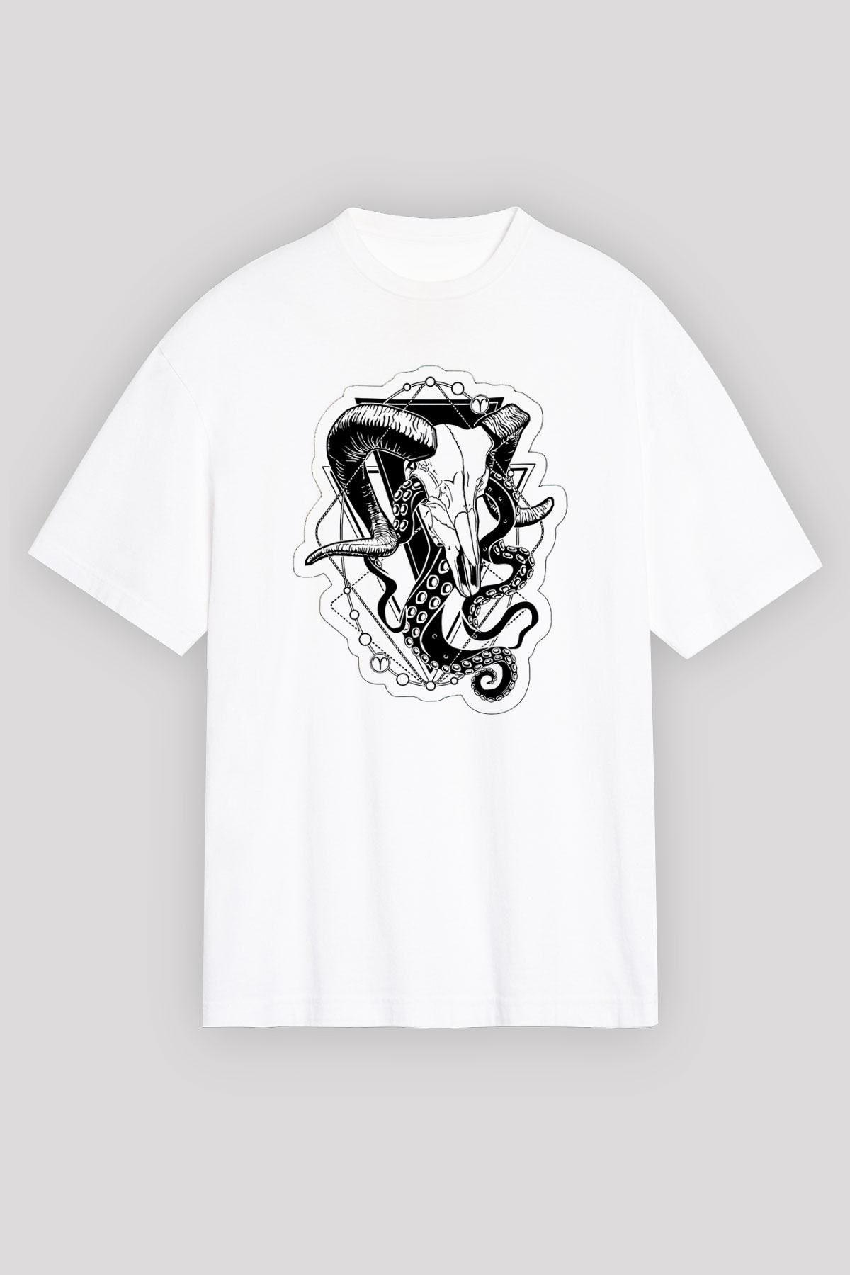 Koç Burcu Baskılı Beyaz Unisex Oversize Tişört - Tshirt