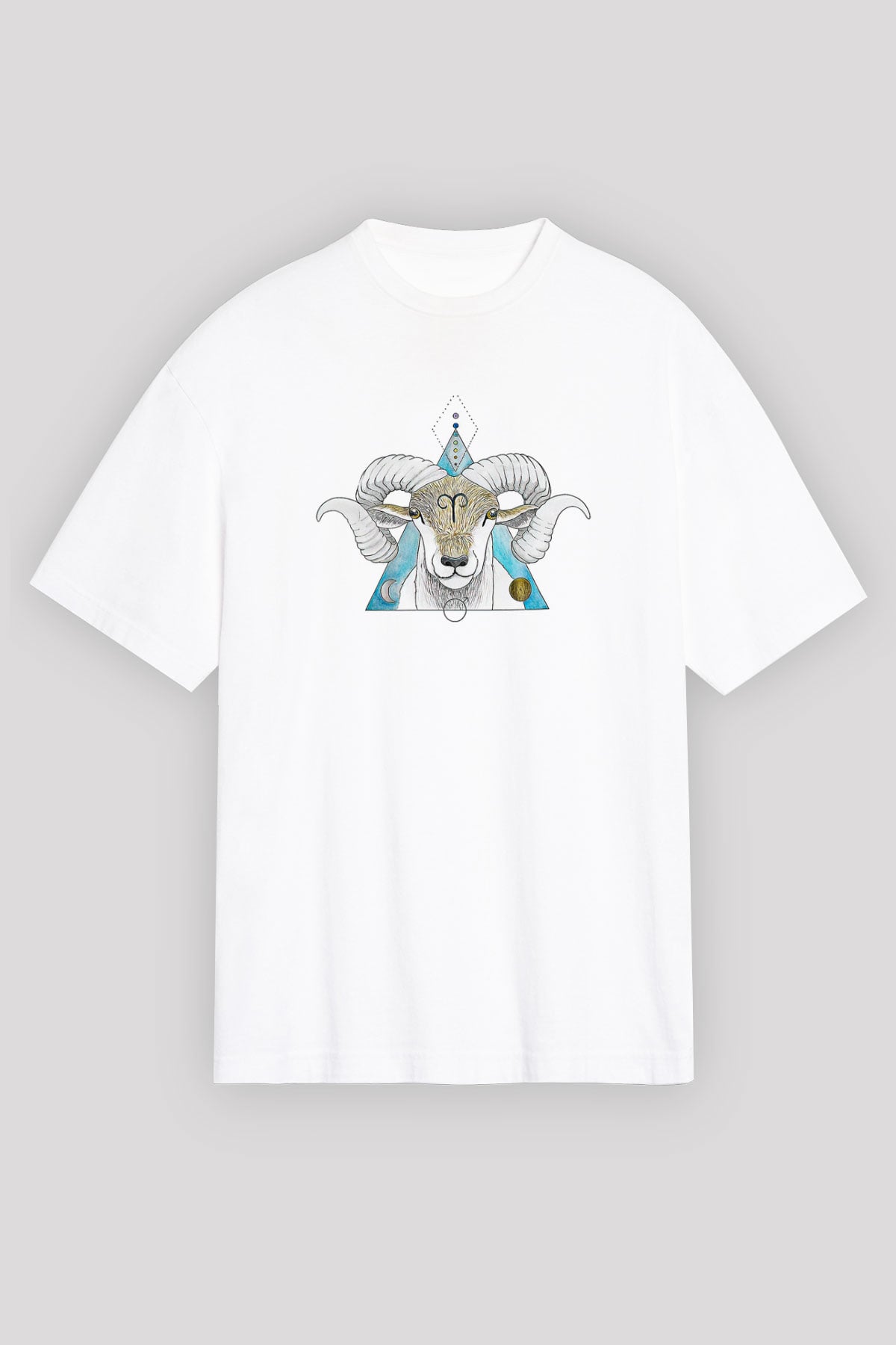 Koç Burcu Baskılı Beyaz Unisex Oversize Tişört - Tshirt