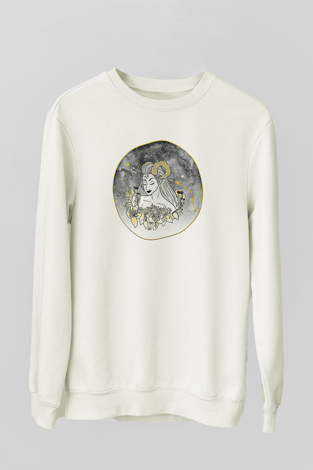 Koç Burcu Baskılı Beyaz Unisex Sweatshirt