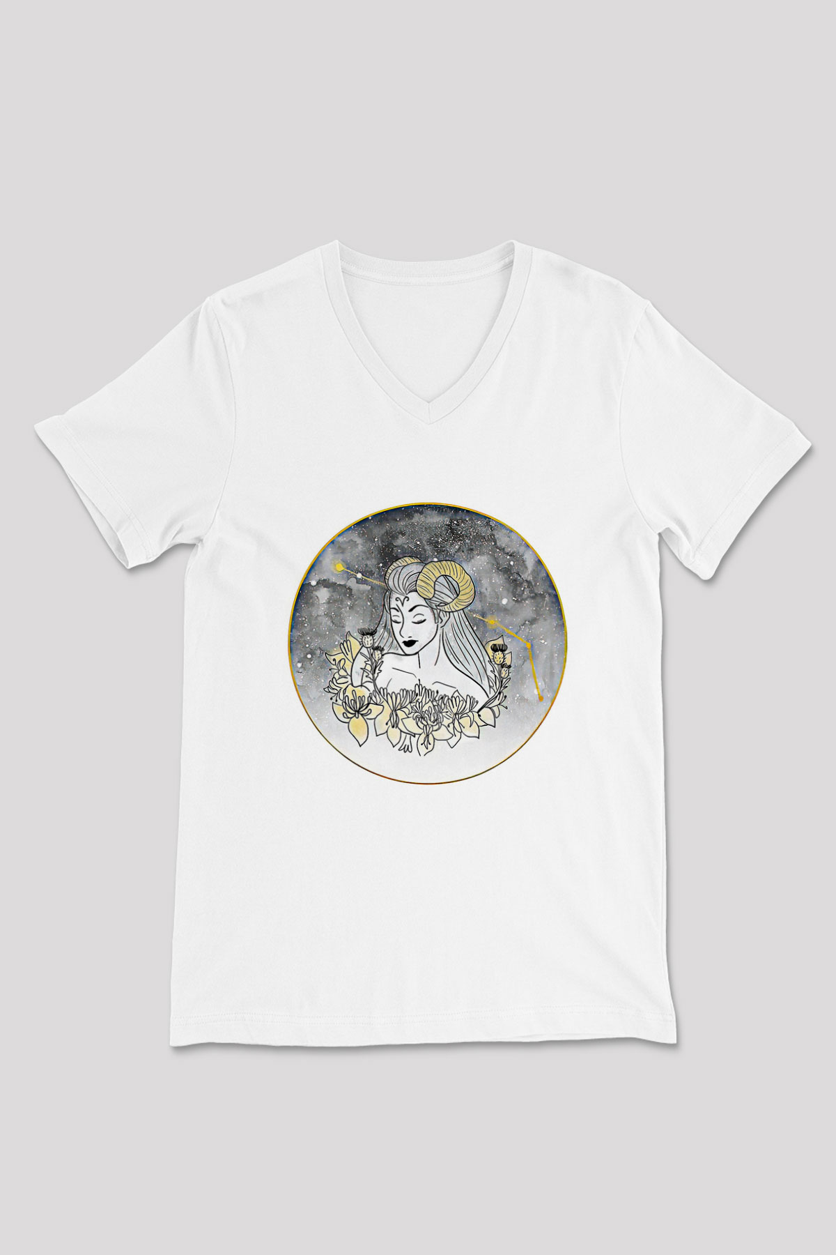 Koç Burcu Baskılı Beyaz Unisex V Yaka Tişört - Tshirt