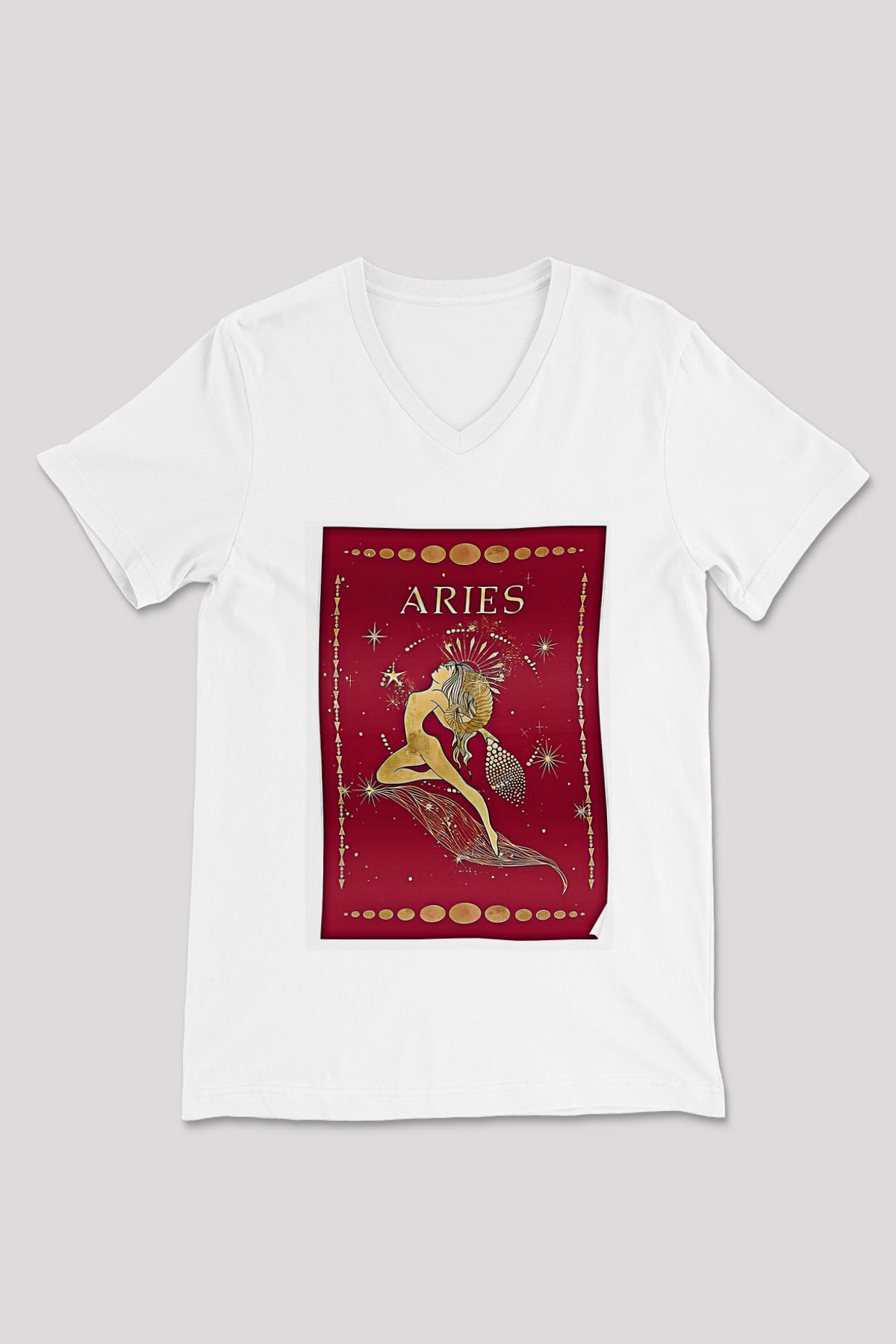 Koç Burcu Baskılı Beyaz Unisex V Yaka Tişört - Tshirt