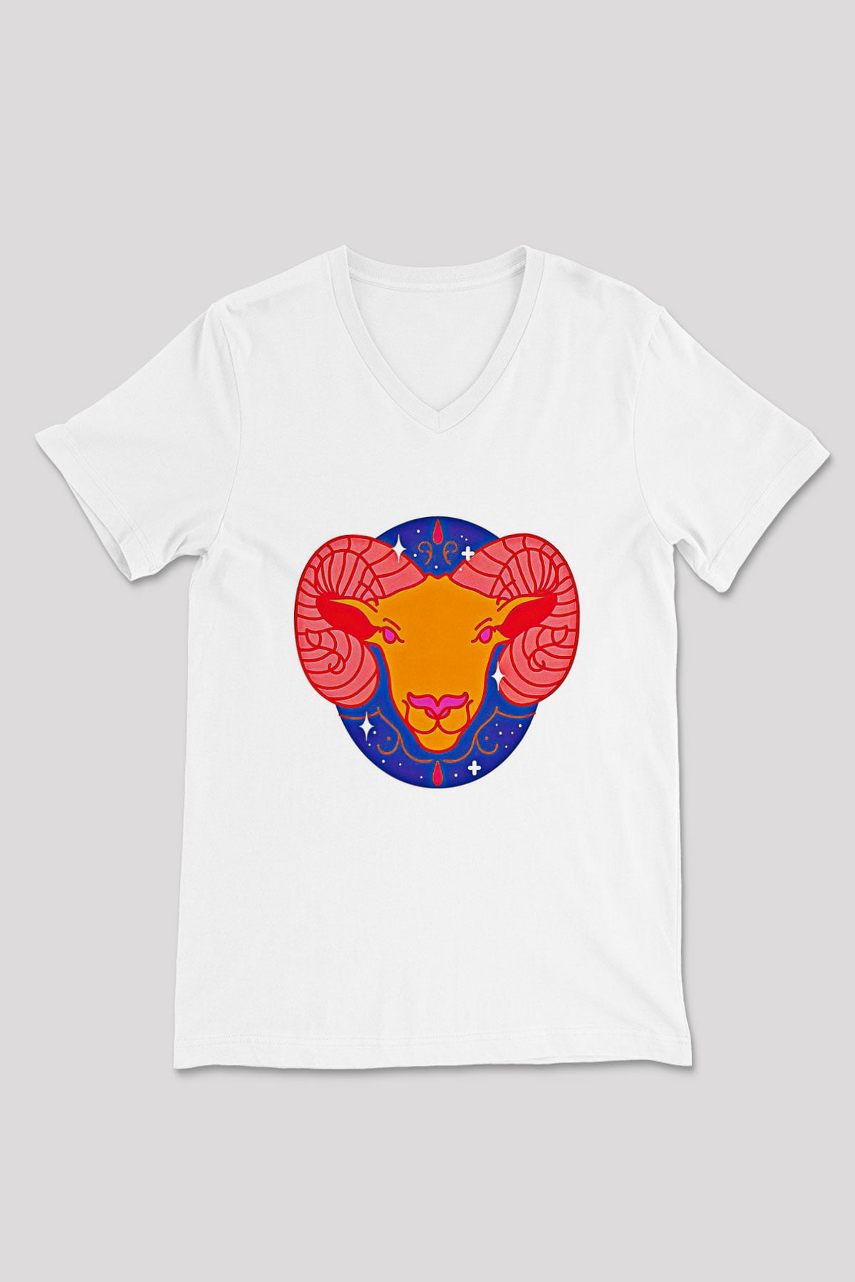 Koç Burcu Baskılı Beyaz Unisex V Yaka Tişört - Tshirt