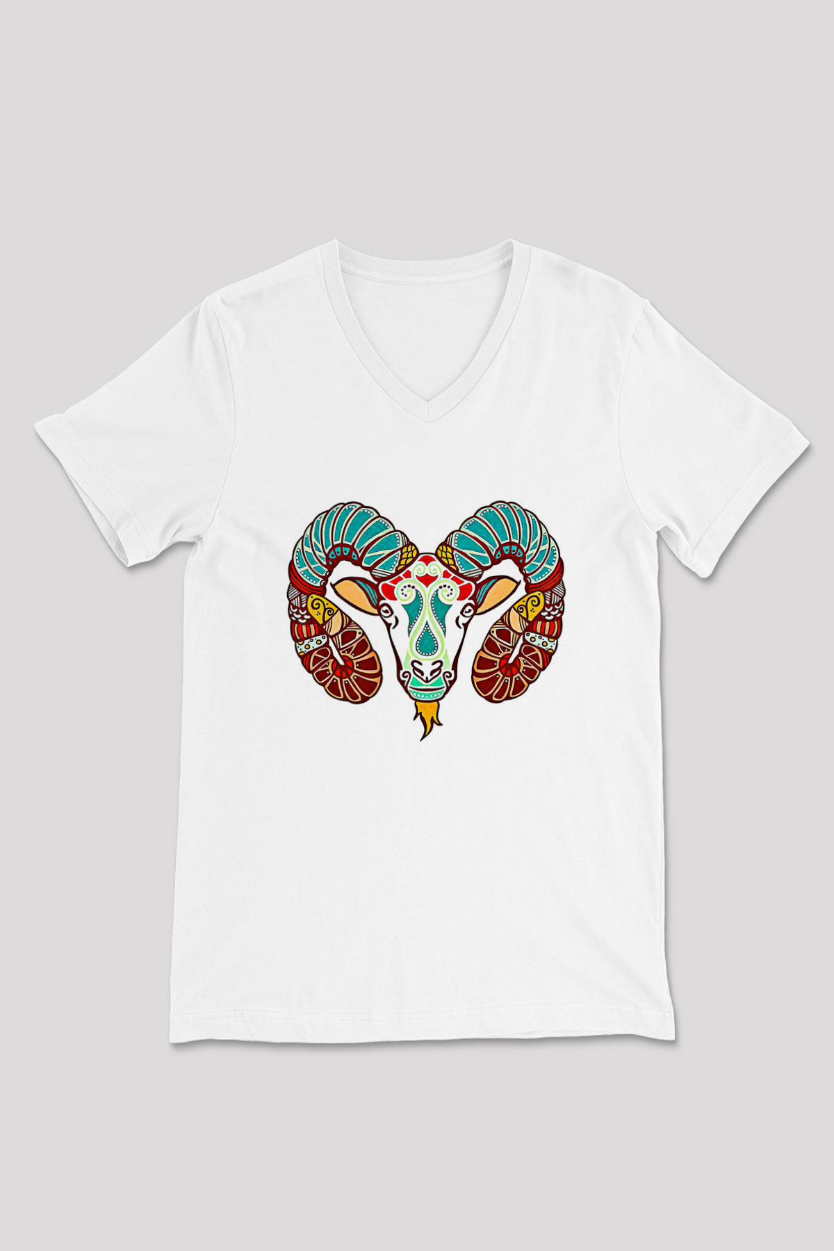 Koç Burcu Baskılı Beyaz Unisex V Yaka Tişört - Tshirt