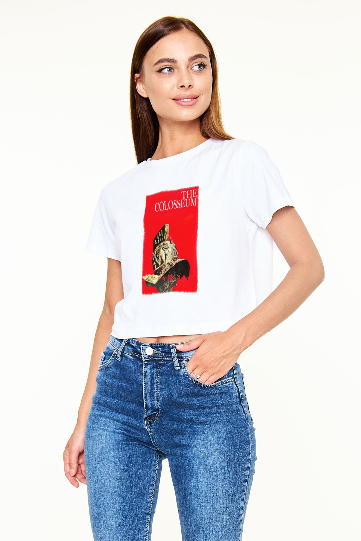 Kolezyum Beyaz Croptop Tişört
