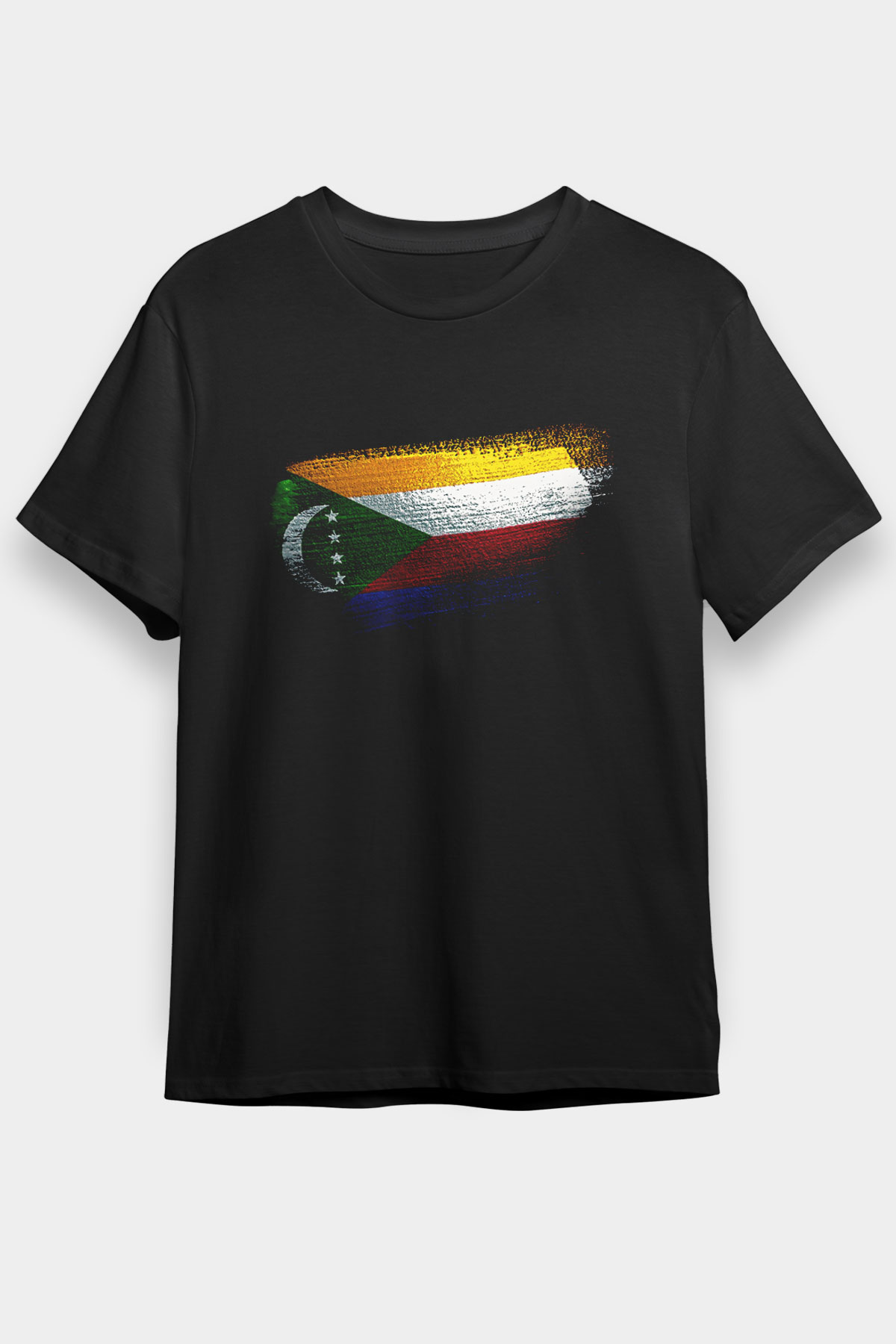 Komorlar - Comoros Bayrağı Baskılı Unisex Siyah Tişört