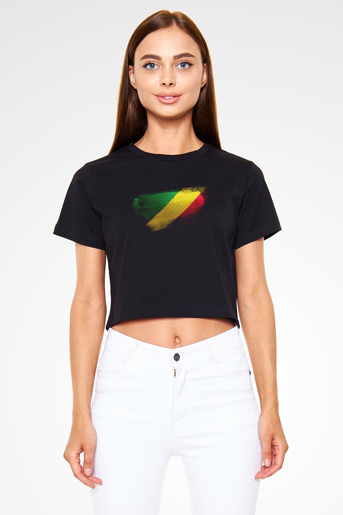 Kongo - Republic Congo Bayrağı Baskılı Kadın Crop Top Siyah Tişört
