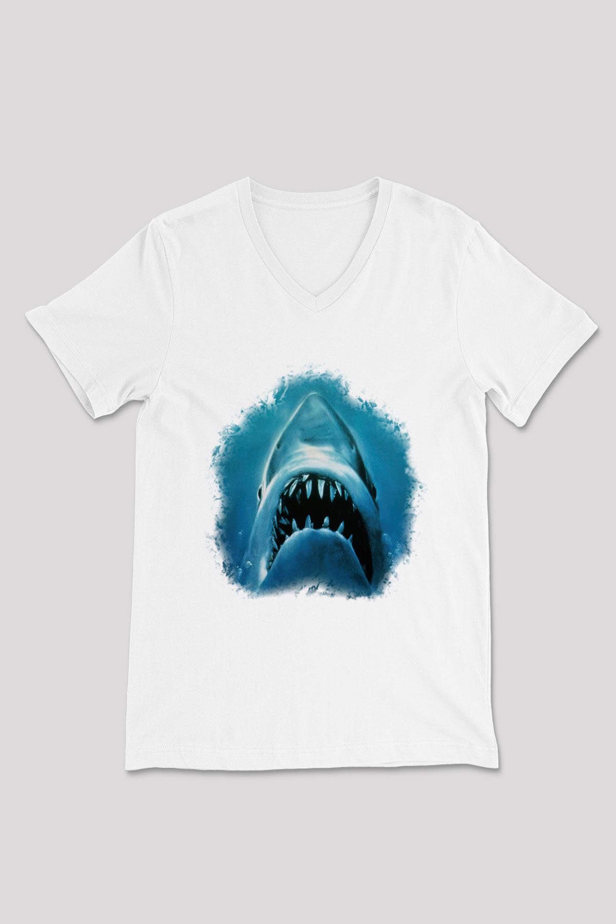 Köpekbalığı Beyaz Unisex V Yaka Tişört T-Shirt