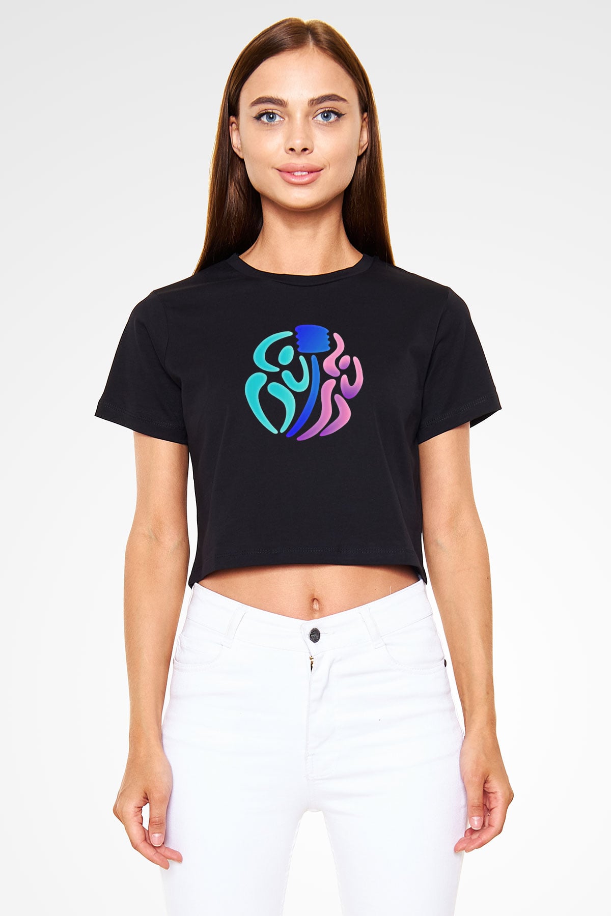 Korfbol Baskılı Crop Top Siyah Kadın Tişört - Tshirt