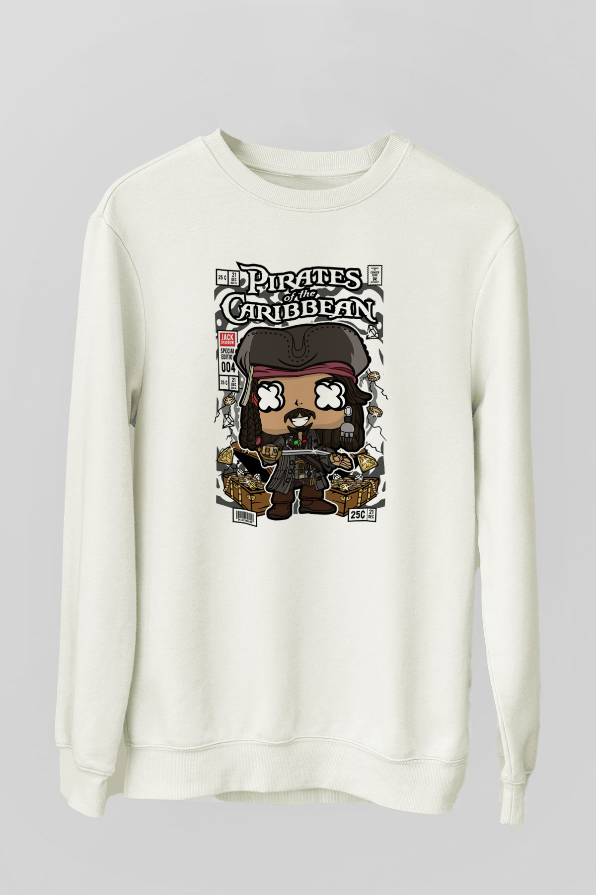 Korsan Jack Baskılı Unisex Beyaz Sweatshirt
