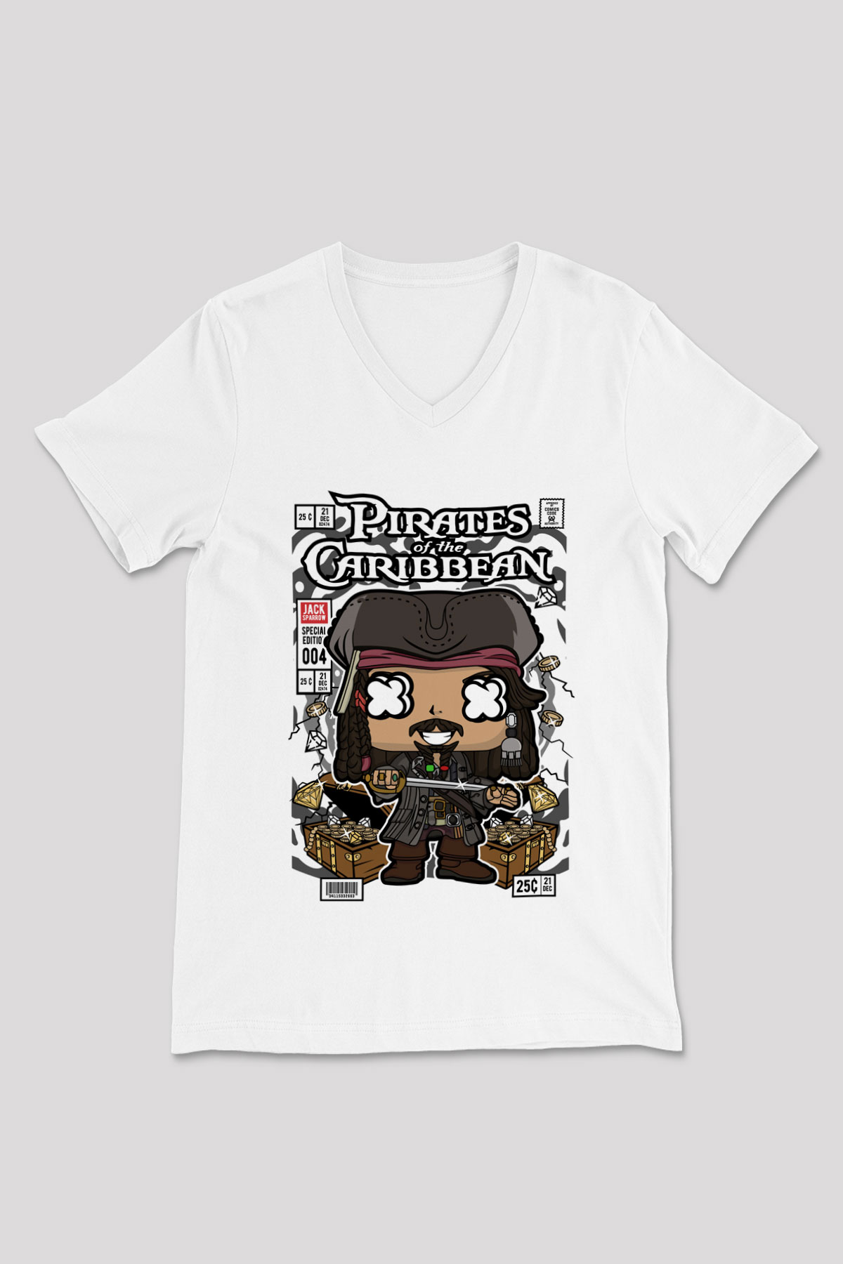 Korsan Jack Baskılı Unisex Beyaz V Yaka Tişört