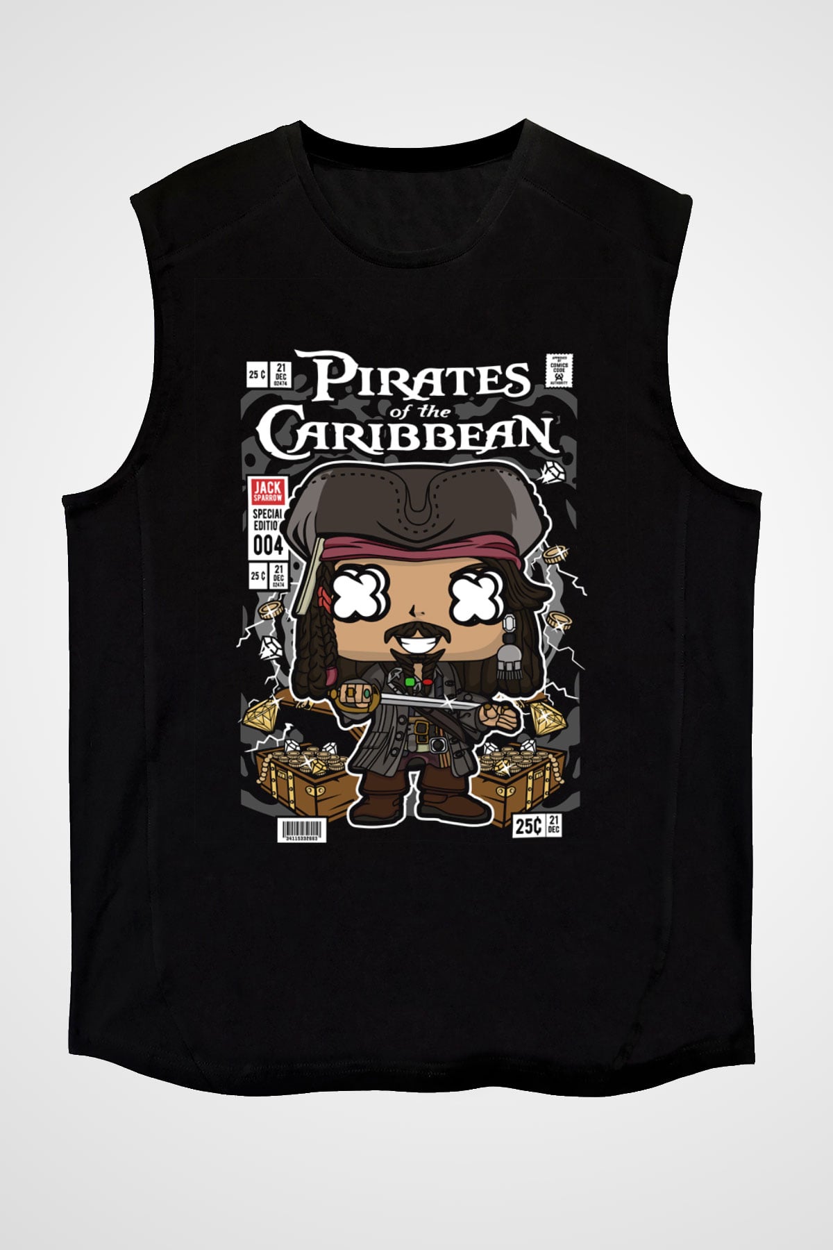Korsan Jack Baskılı Unisex Siyah Kolsuz Tişört