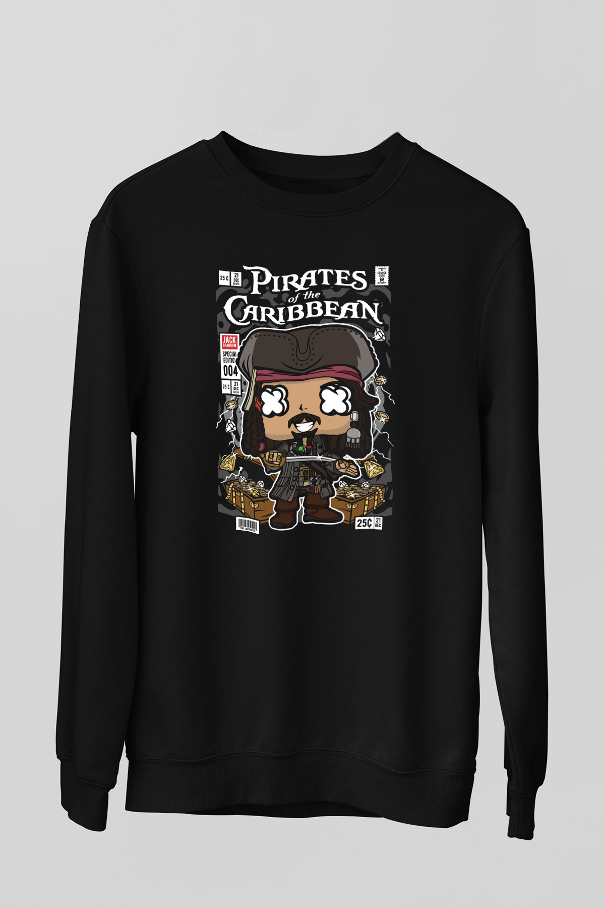 Korsan Jack Baskılı Unisex Siyah Sweatshirt