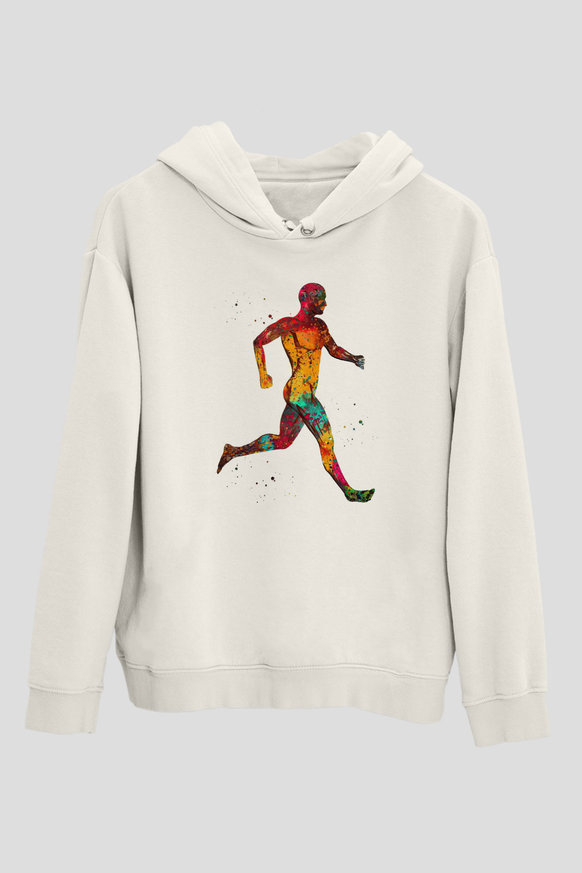 Koşan Kaslı Adam Baskılı Unisex Ekru Hoodie