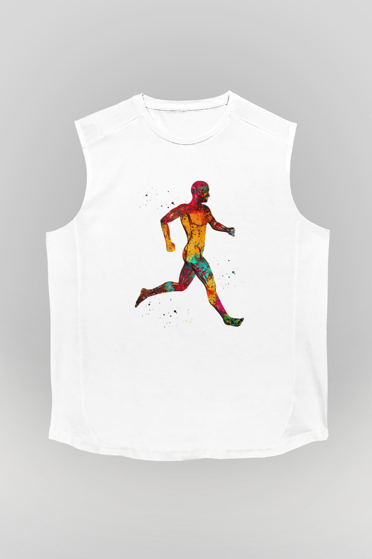 Koşan Kaslı Adam Baskılı Unisex Kolsuz Beyaz Tişört - Tshirt
