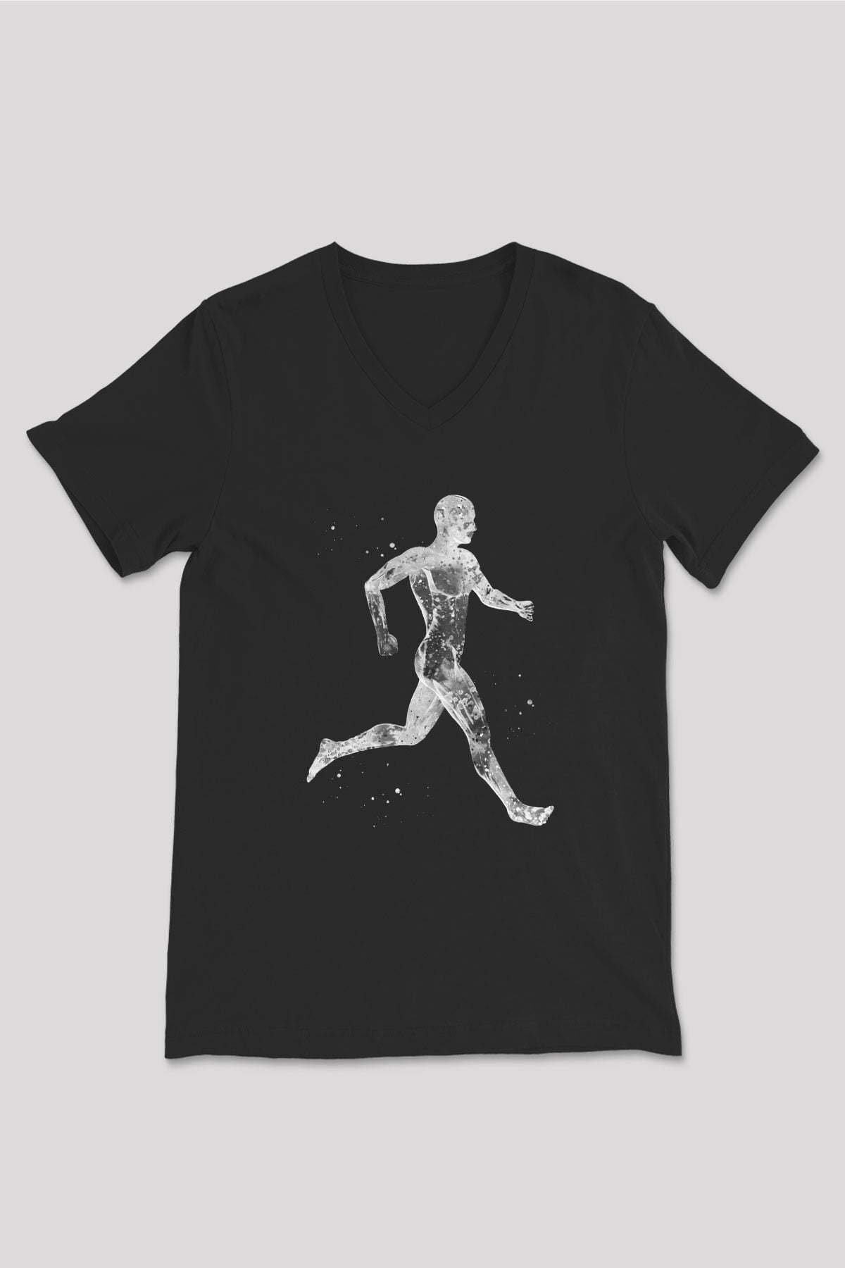 Koşan Kaslı Adam Baskılı Unisex V Yaka Siyah Tİşört - Tshirt