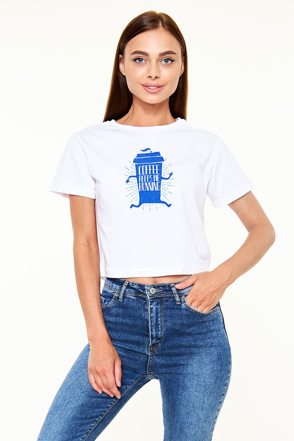 Koşu Baskılı Crop Top Beyaz Tişört - T-shirt