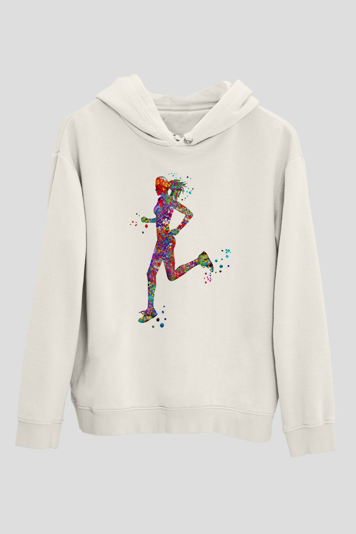Koşu Baskılı Unisex Ekru Hoodie