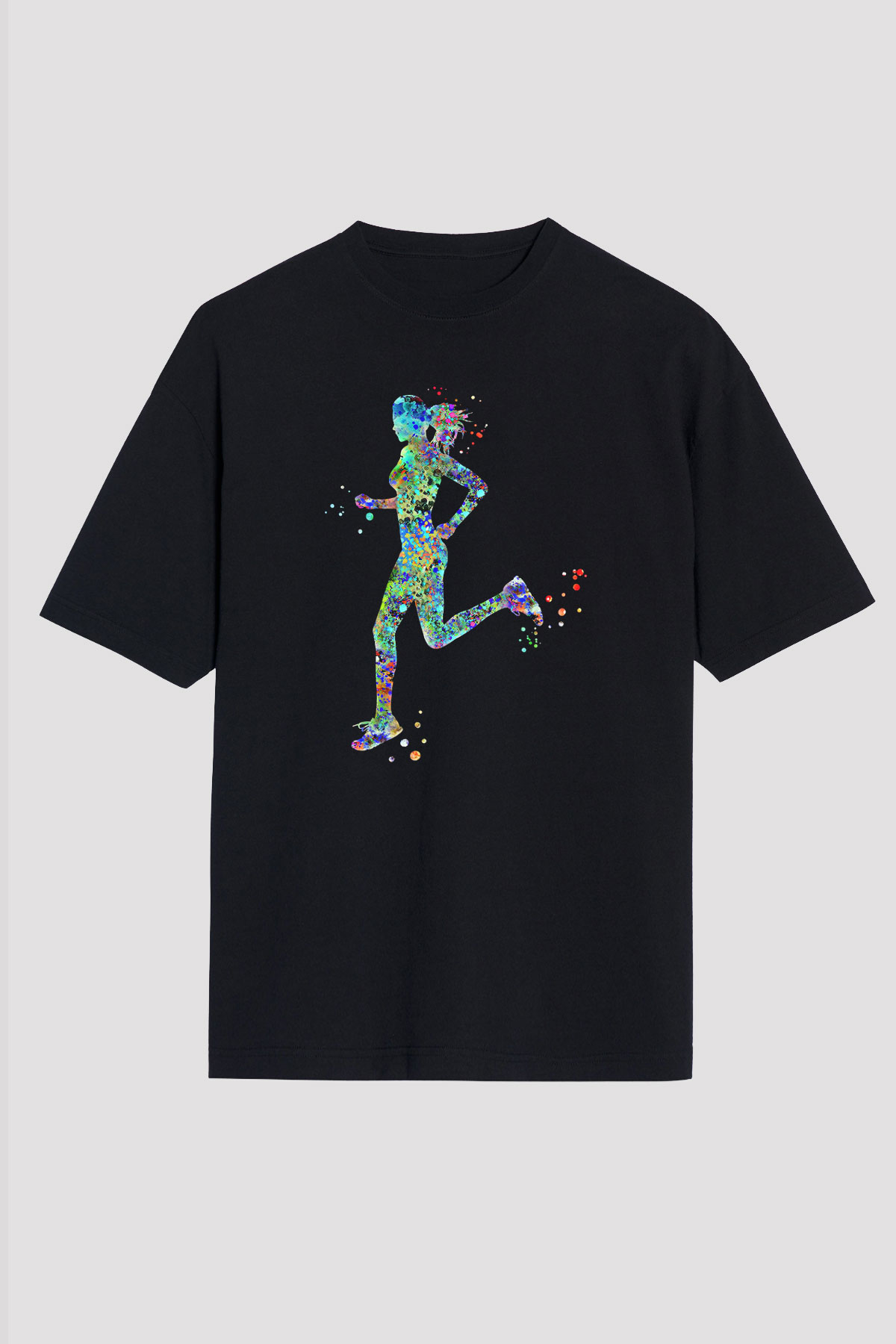 Koşu - Running Baskılı Unisex Siyah Oversize Tişört