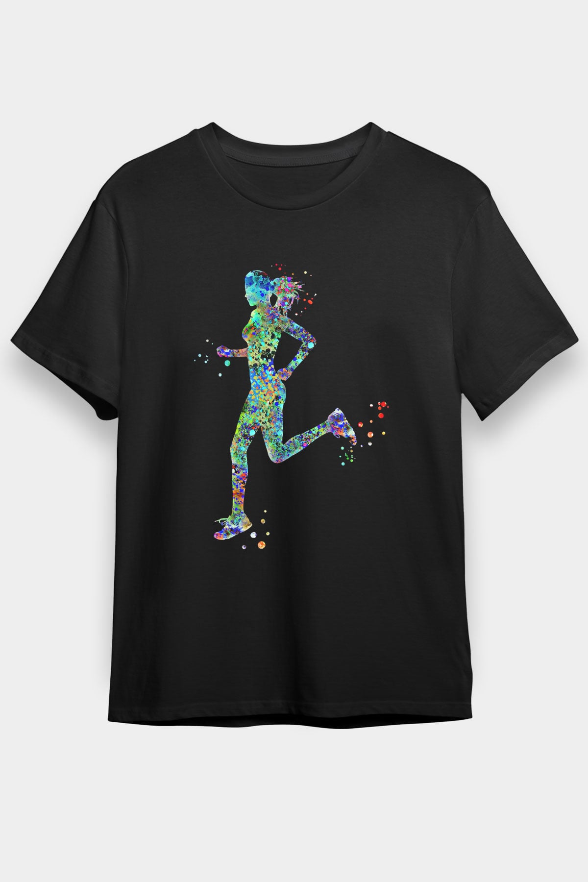 Koşu - Running Baskılı Unisex Siyah Tişört - Tshirt