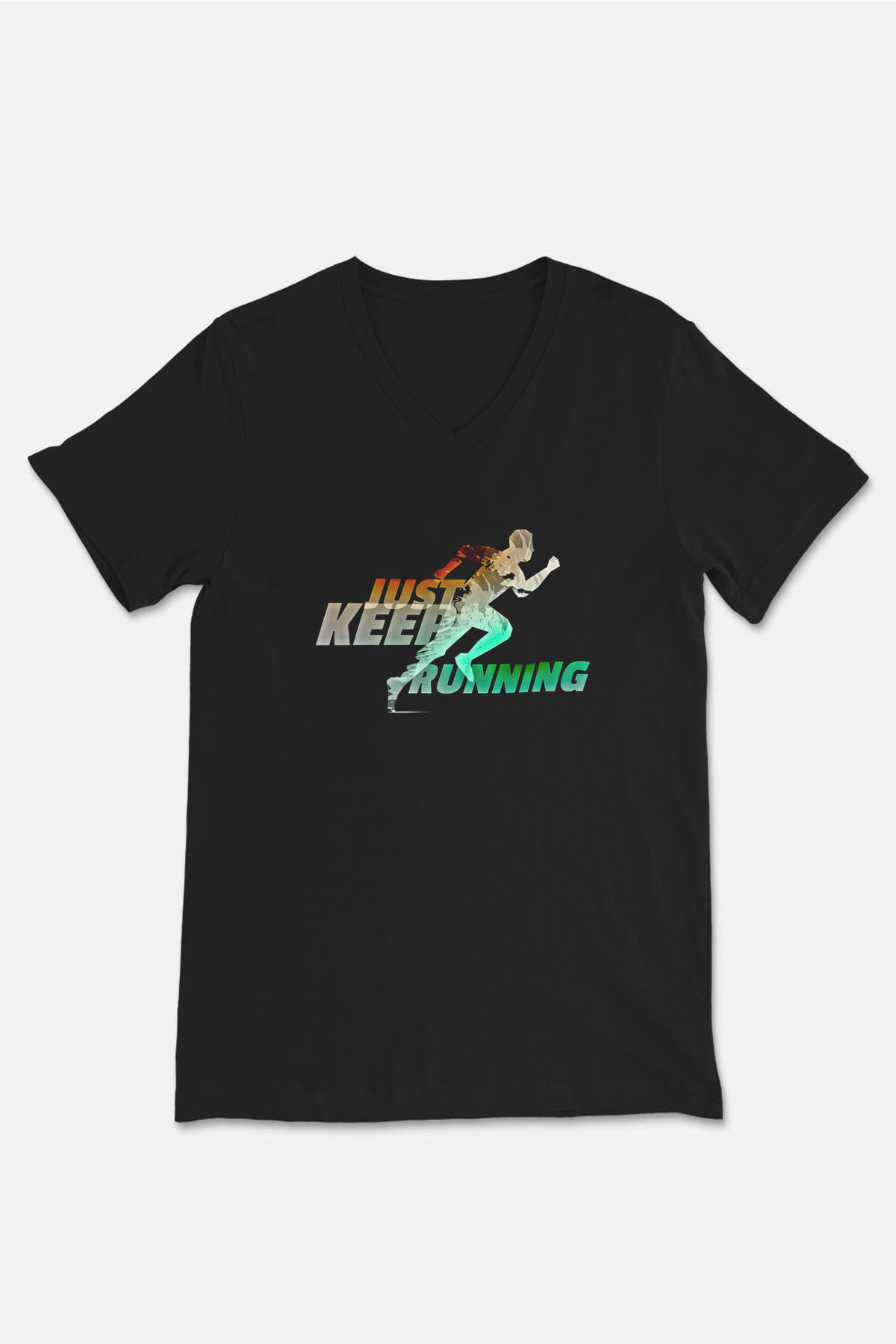 Koşu - Running Baskılı Unisex Siyah V Yaka Tişört