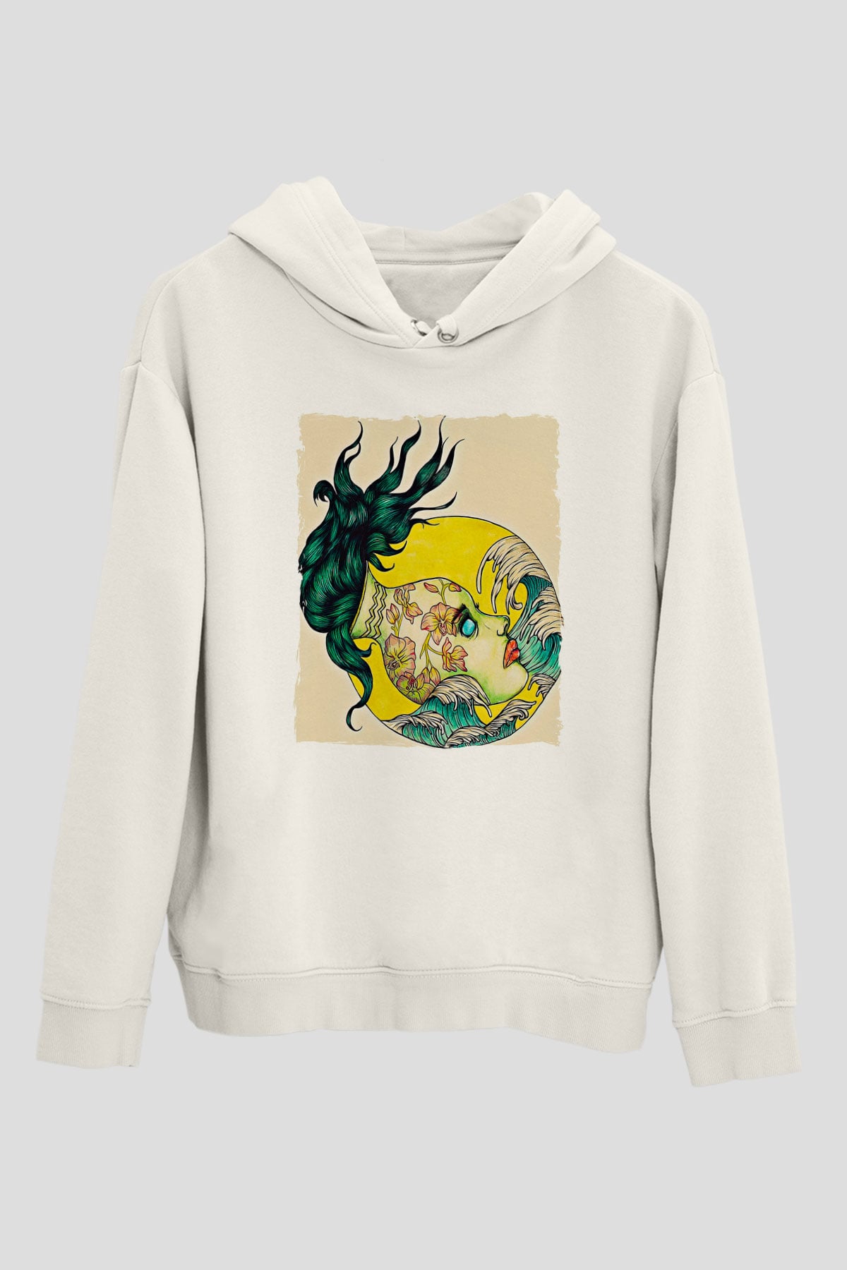 Kova Burcu Baskılı Beyaz Unisex Hoodie