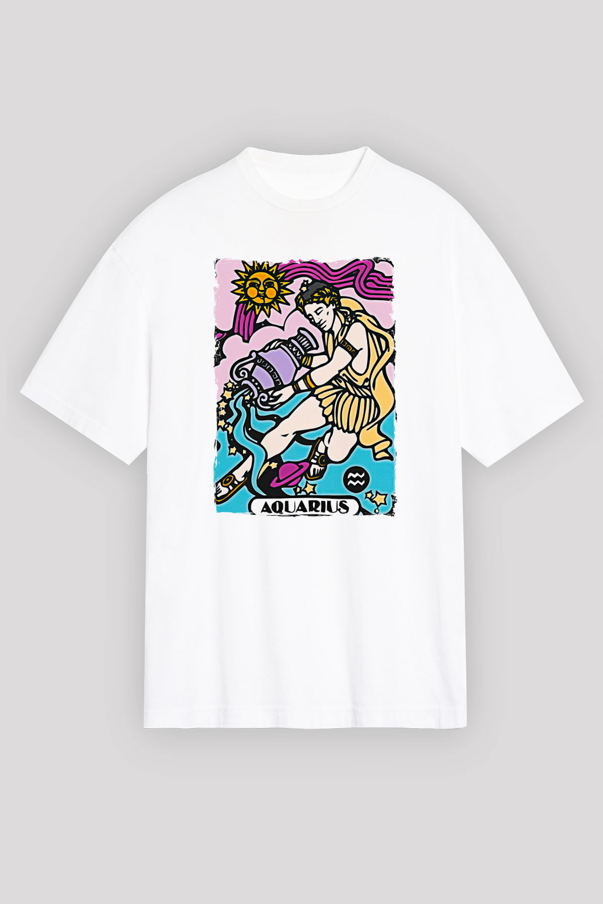 Kova Burcu Baskılı Beyaz Unisex Oversize Tişört - Tshirt