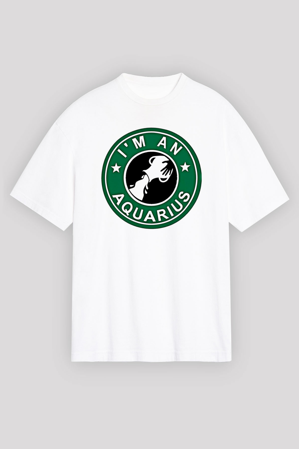 Kova Burcu Baskılı Beyaz Unisex Oversize Tişört - Tshirt
