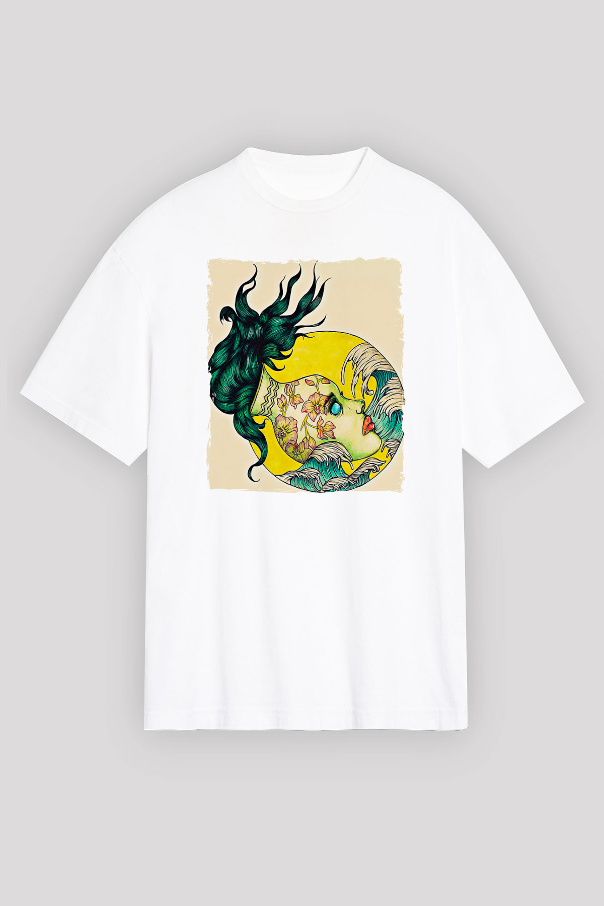 Kova Burcu Baskılı Beyaz Unisex Oversize Tişört - Tshirt