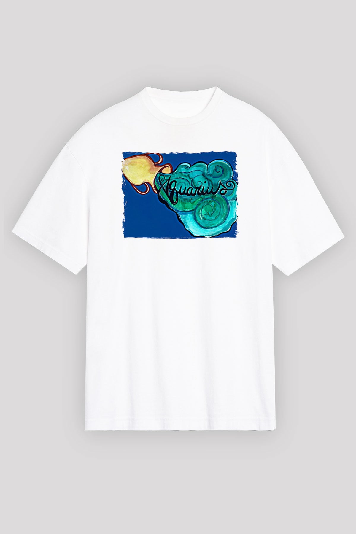 Kova Burcu Baskılı Beyaz Unisex Oversize Tişört - Tshirt