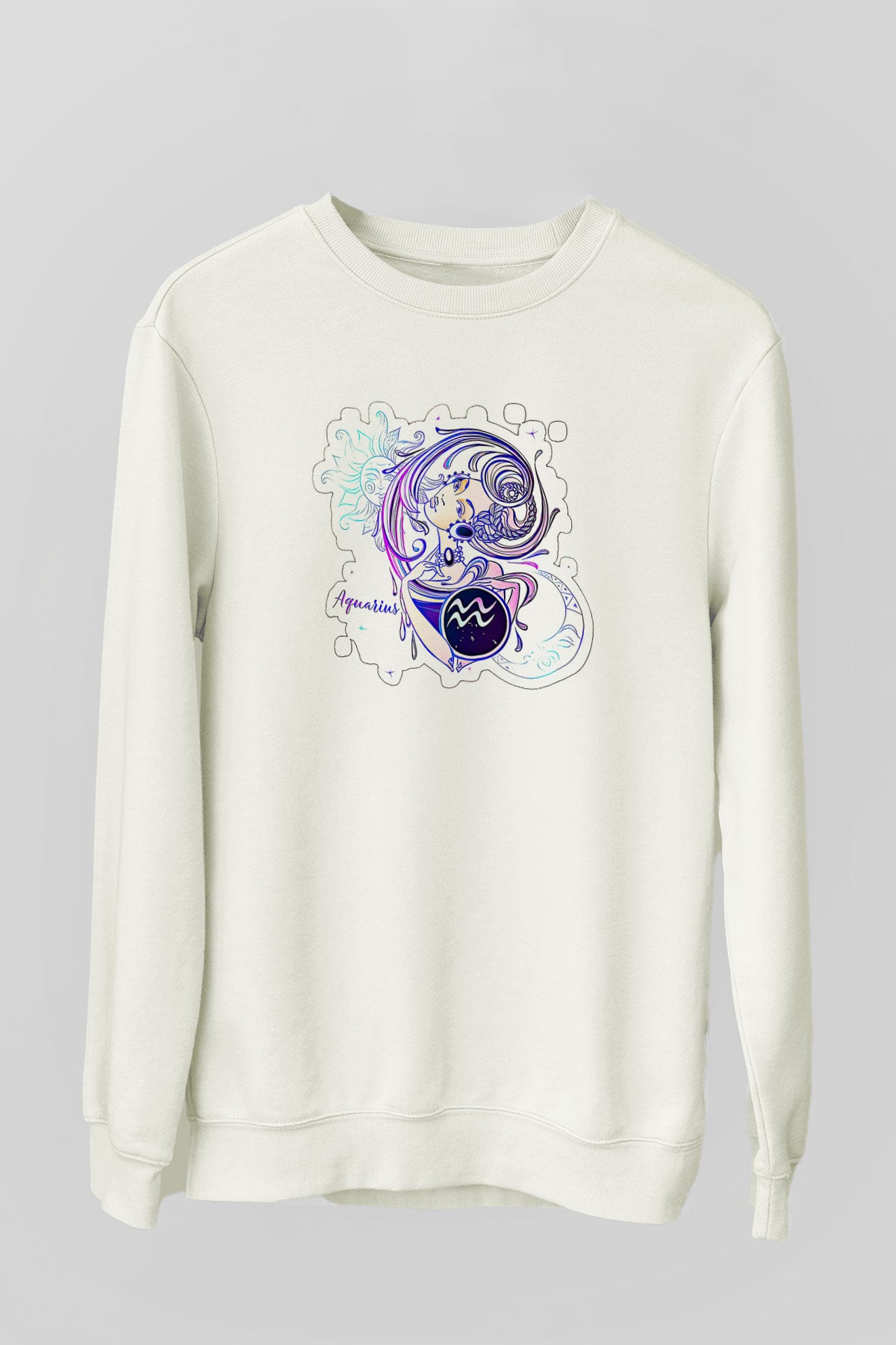 Kova Burcu Baskılı Beyaz Unisex Sweatshirt