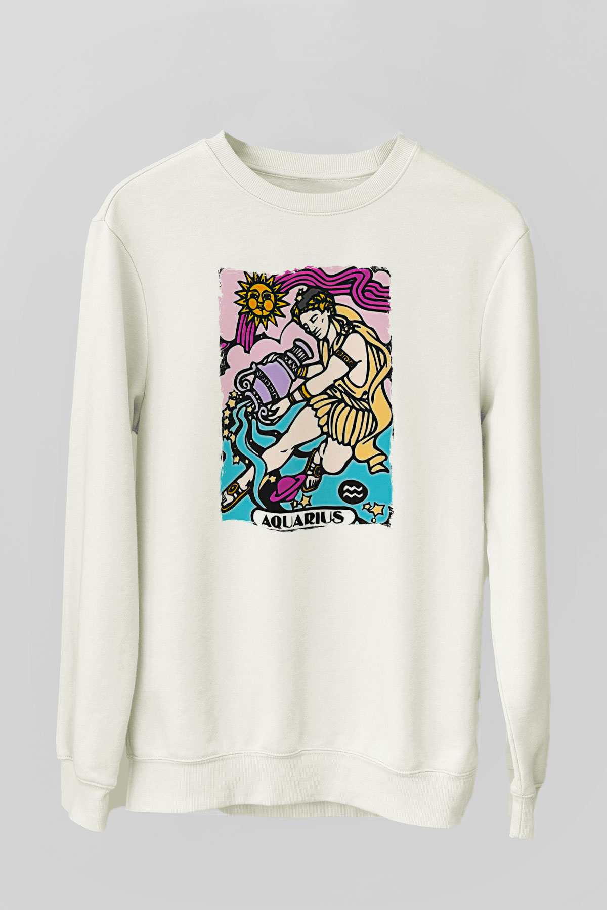 Kova Burcu Baskılı Beyaz Unisex Sweatshirt