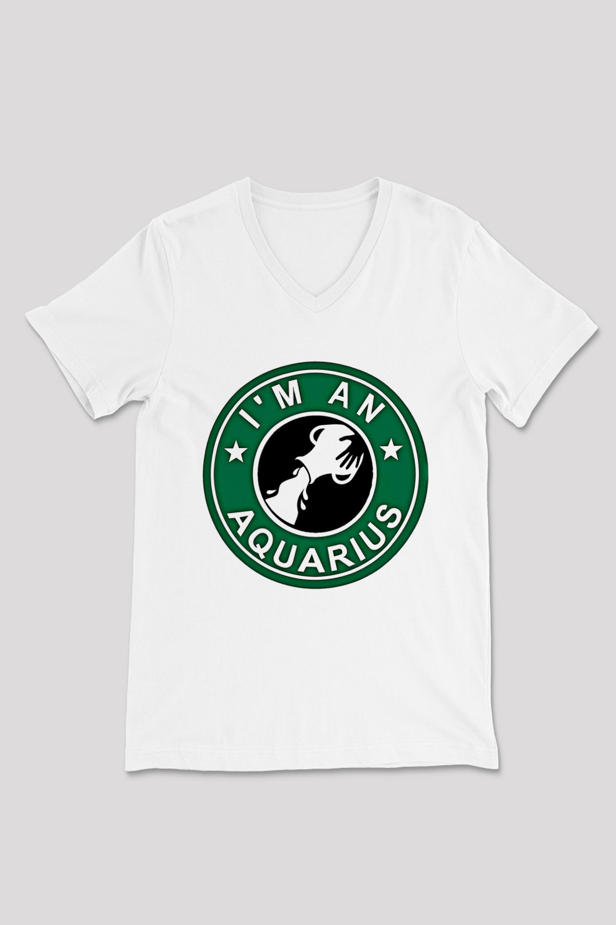 Kova Burcu Baskılı Beyaz Unisex V Yaka Tişört - Tshirt