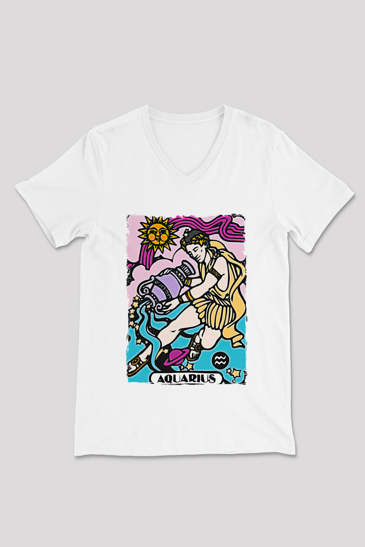 Kova Burcu Baskılı Beyaz Unisex V Yaka Tişört - Tshirt