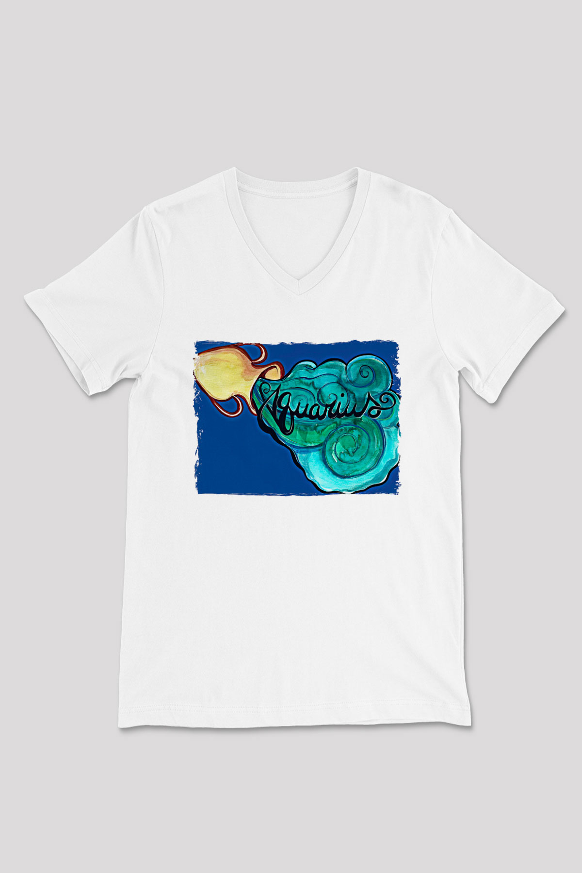 Kova Burcu Baskılı Beyaz Unisex V Yaka Tişört - Tshirt