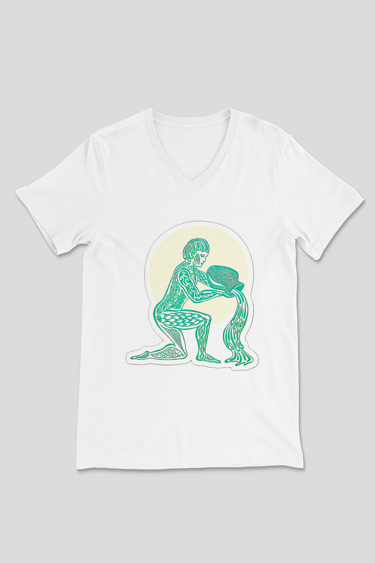 Kova Burcu Baskılı Beyaz Unisex V Yaka Tişört - Tshirt