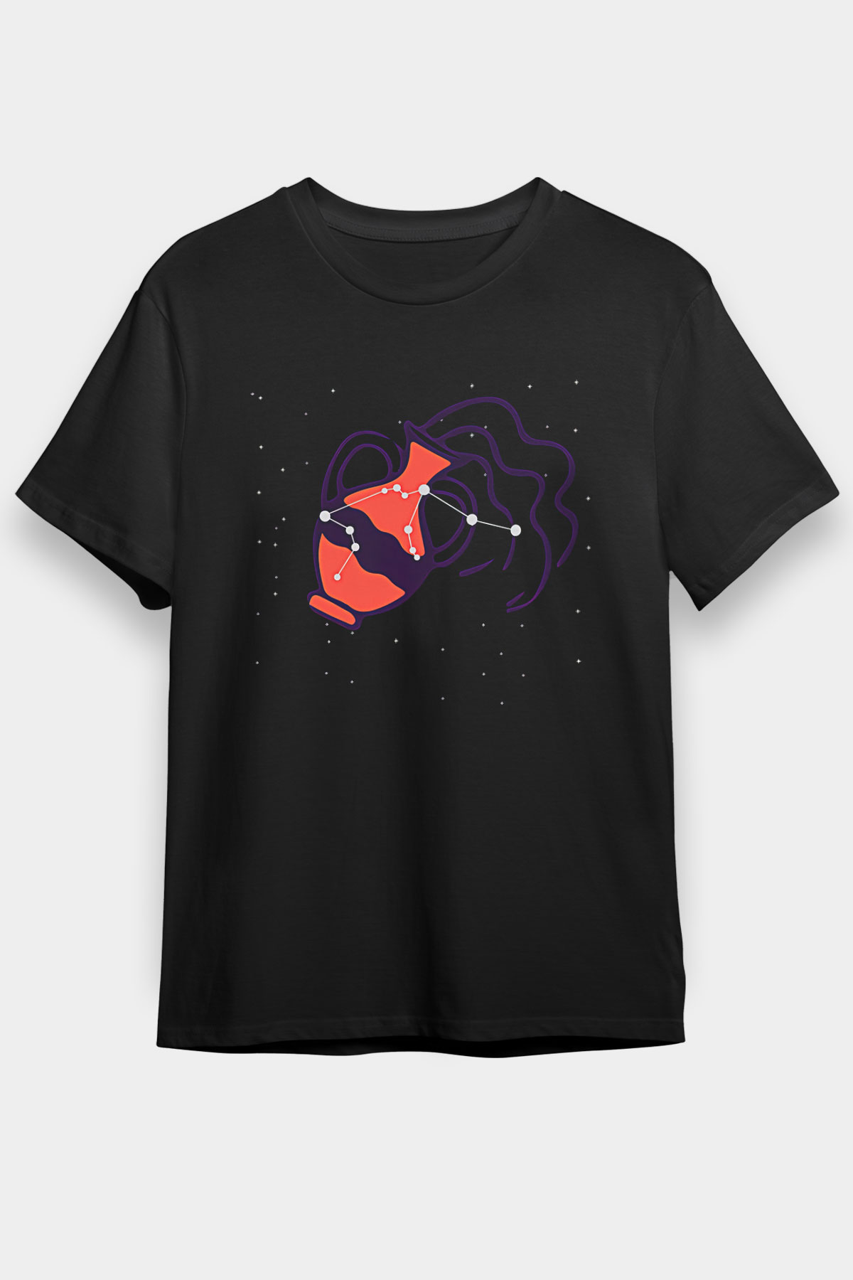 Kova Burcu Baskılı Unisex Siyah Tişört - Tshirt