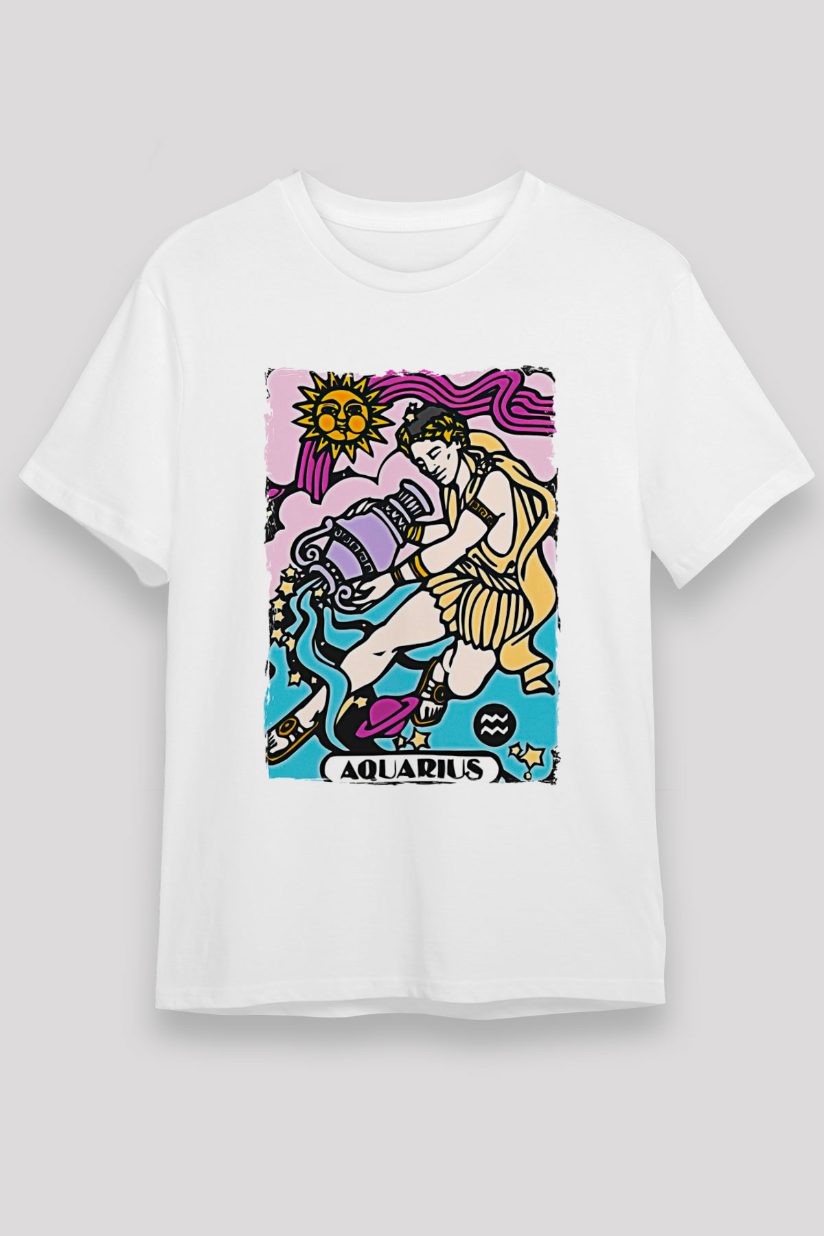 Kova Burcu Unisex Baskılı Beyaz Tişört - Tshirt