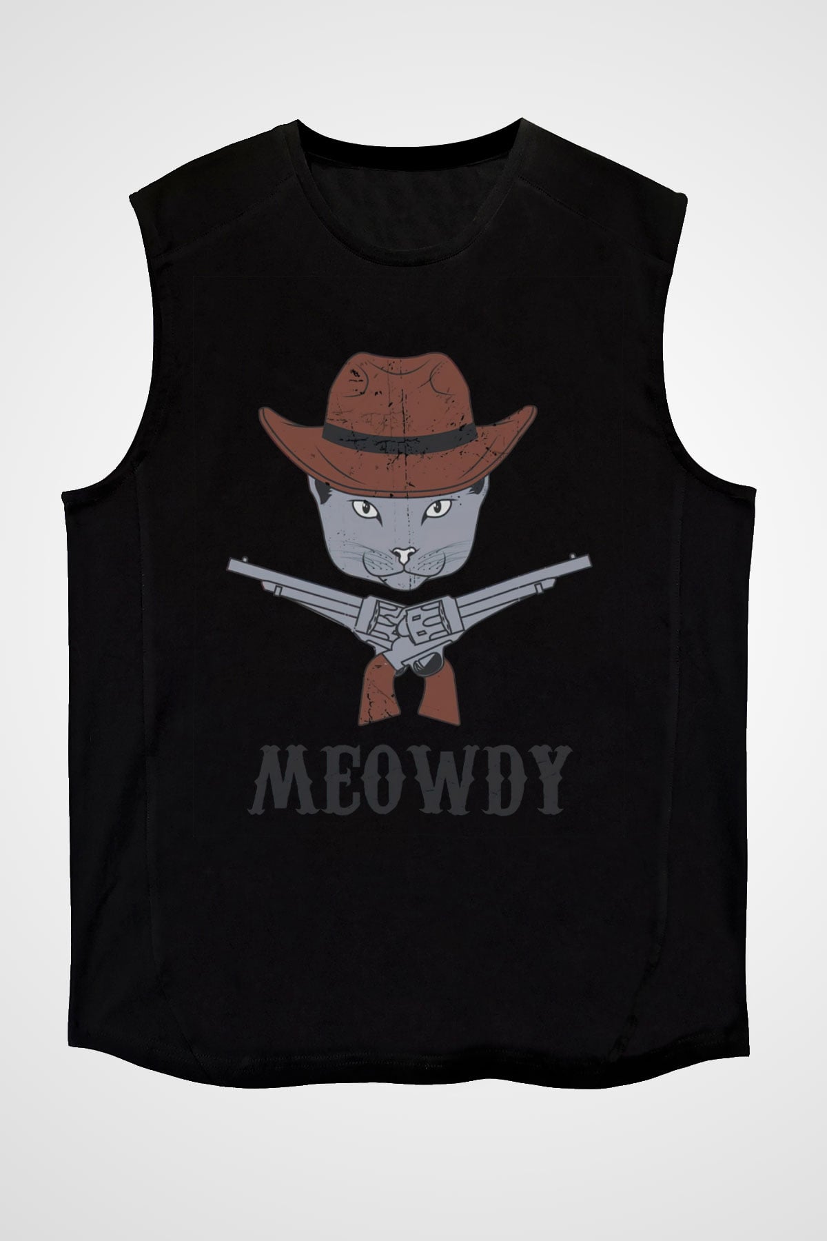 Kovboy Kedi Baskılı Unisex Siyah  Kolsuz Tişört