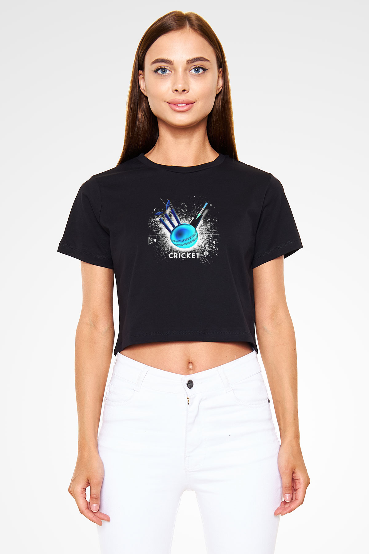 Kriket - Cricket Baskılı Crop Top Siyah Kadın Tişört - Tshirt