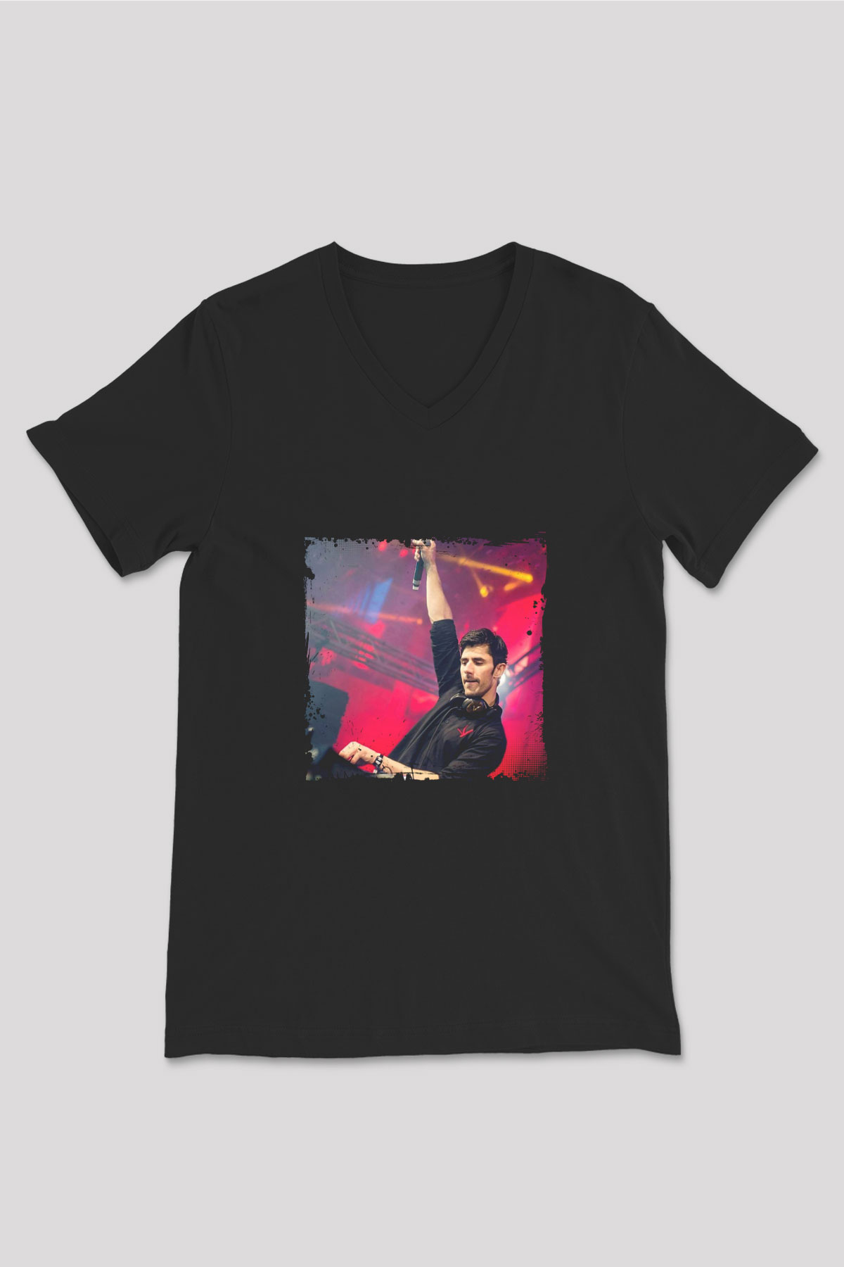 KSHMR Baskılı Unisex Siyah V Yaka Tişört
