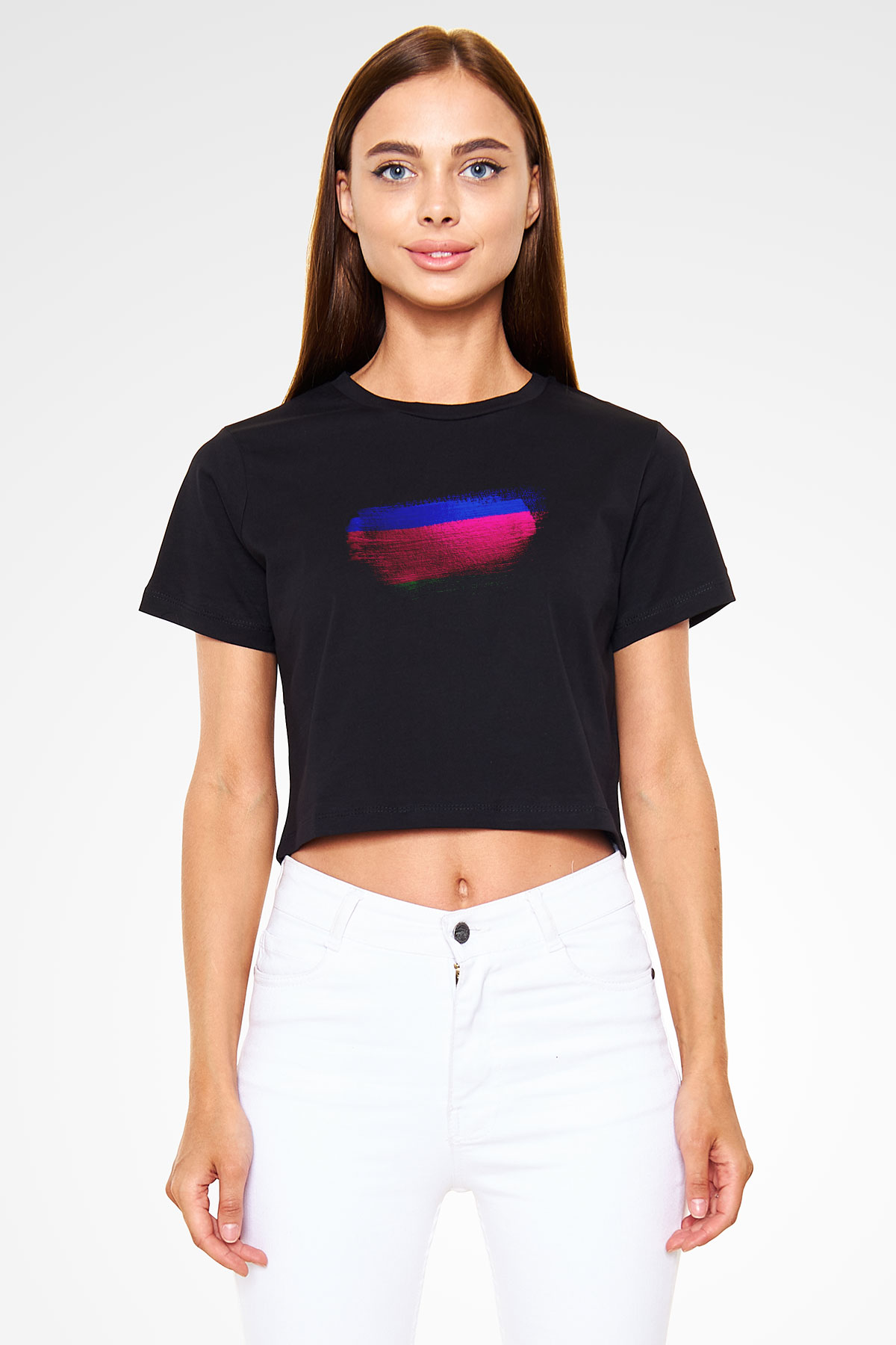 Kuban Halk Cumhuriyeti Bayrağı Baskılı Kadın Crop Top Siyah Tişört
